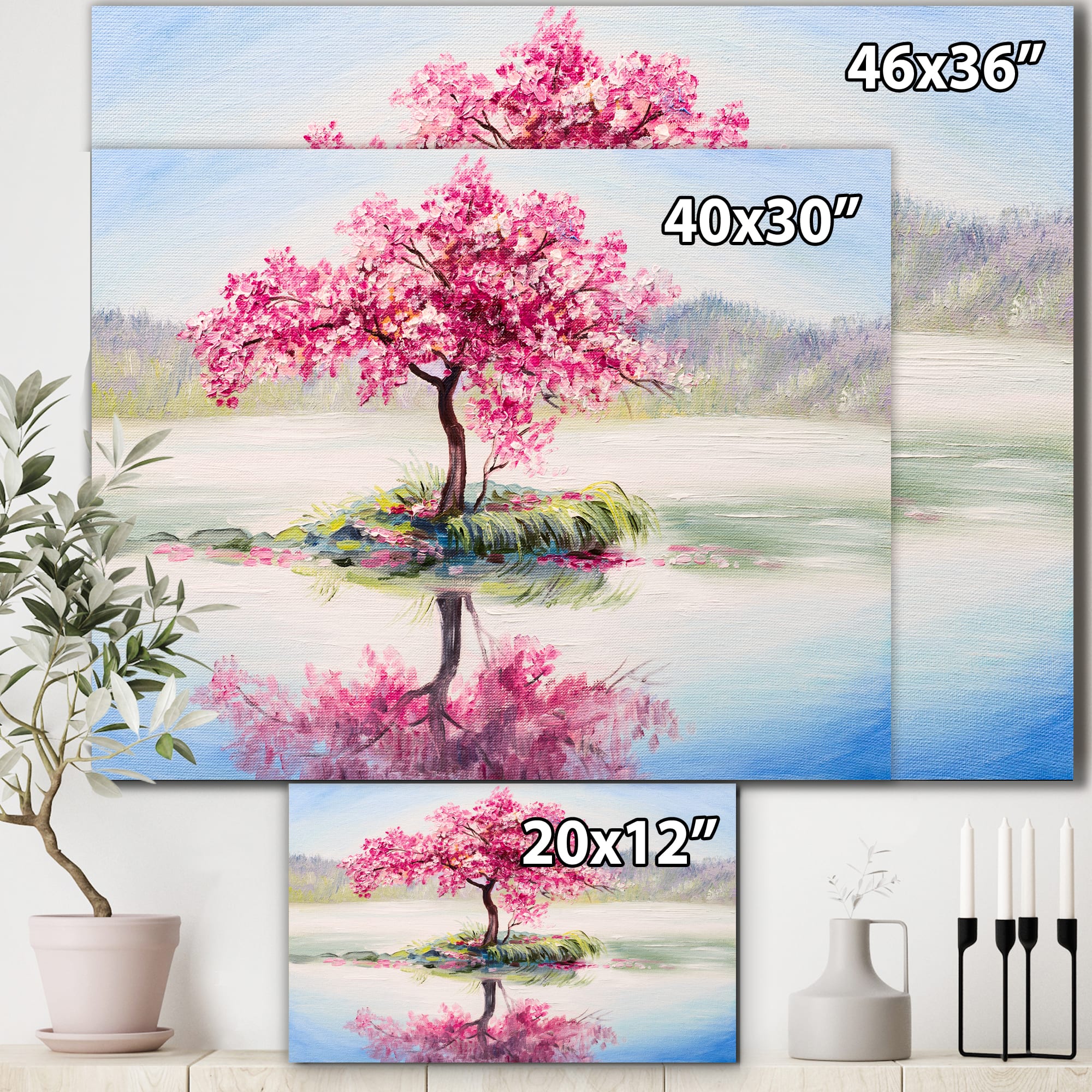 Designart - Japanese Cherry Blossom Tree On Little Idyllic IsLand - Farmhouse Canvas Wall Art Print