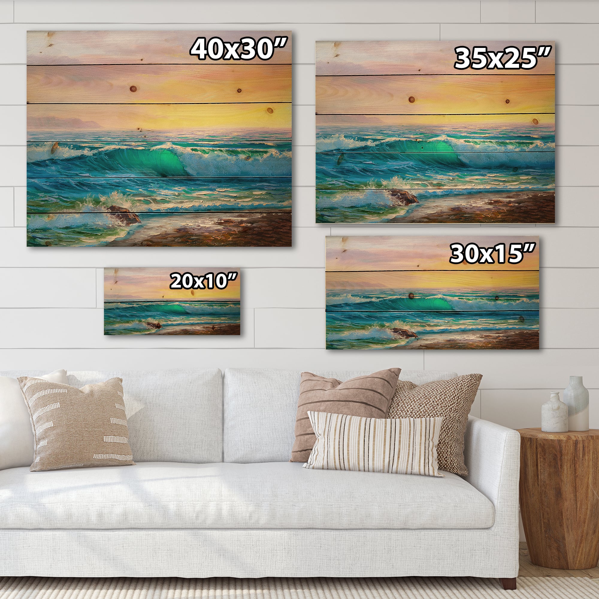 Designart - Blue Waves Breaking At The Beach IV - Nautical & Coastal Print on Natural Pine Wood