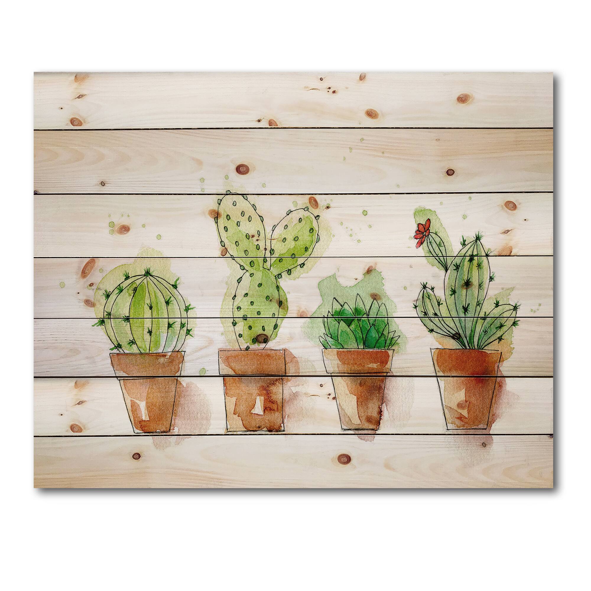 Designart - Cacti In Ceramic Pots In Gentle Tones I - Botanical Print on Natural Pine Wood