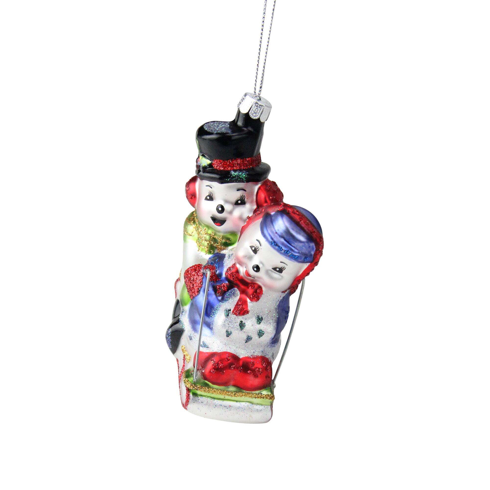 4.5" White & Red Cheerful Sledding Snowmen Couple Glass Christmas Ornament