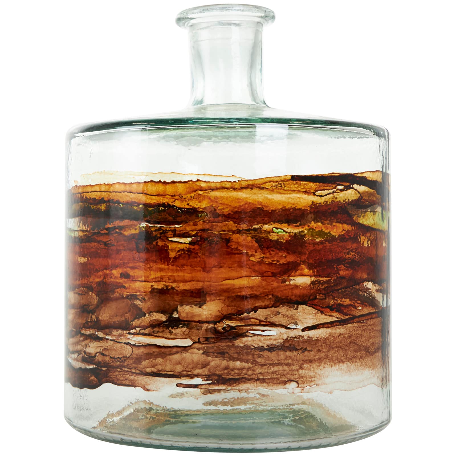 10" Clear & Brown Swirl Abstract Spanish Bottle Recycled Glass Vase
