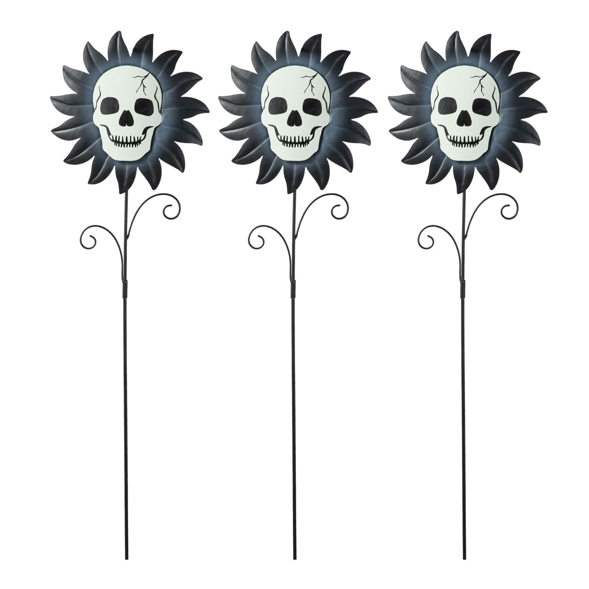 Glitzhome® 24" Halloween Metal Sunflower Skulls Glow-in-Dark Yard Stakes, 3ct.