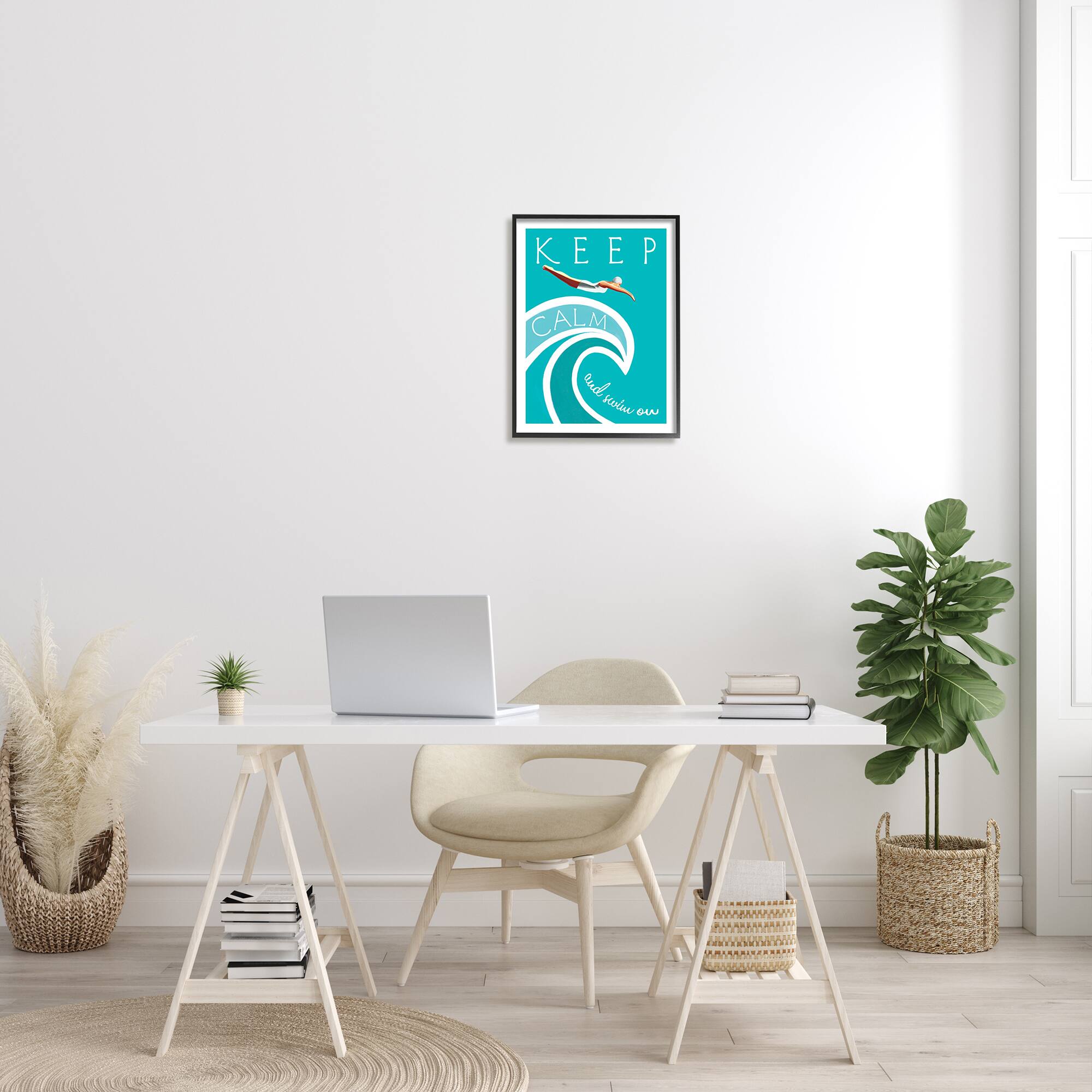 Stupell Industries Keep Calm Swim On Phrase Female Diver Blue Wave in Frame Wall Art