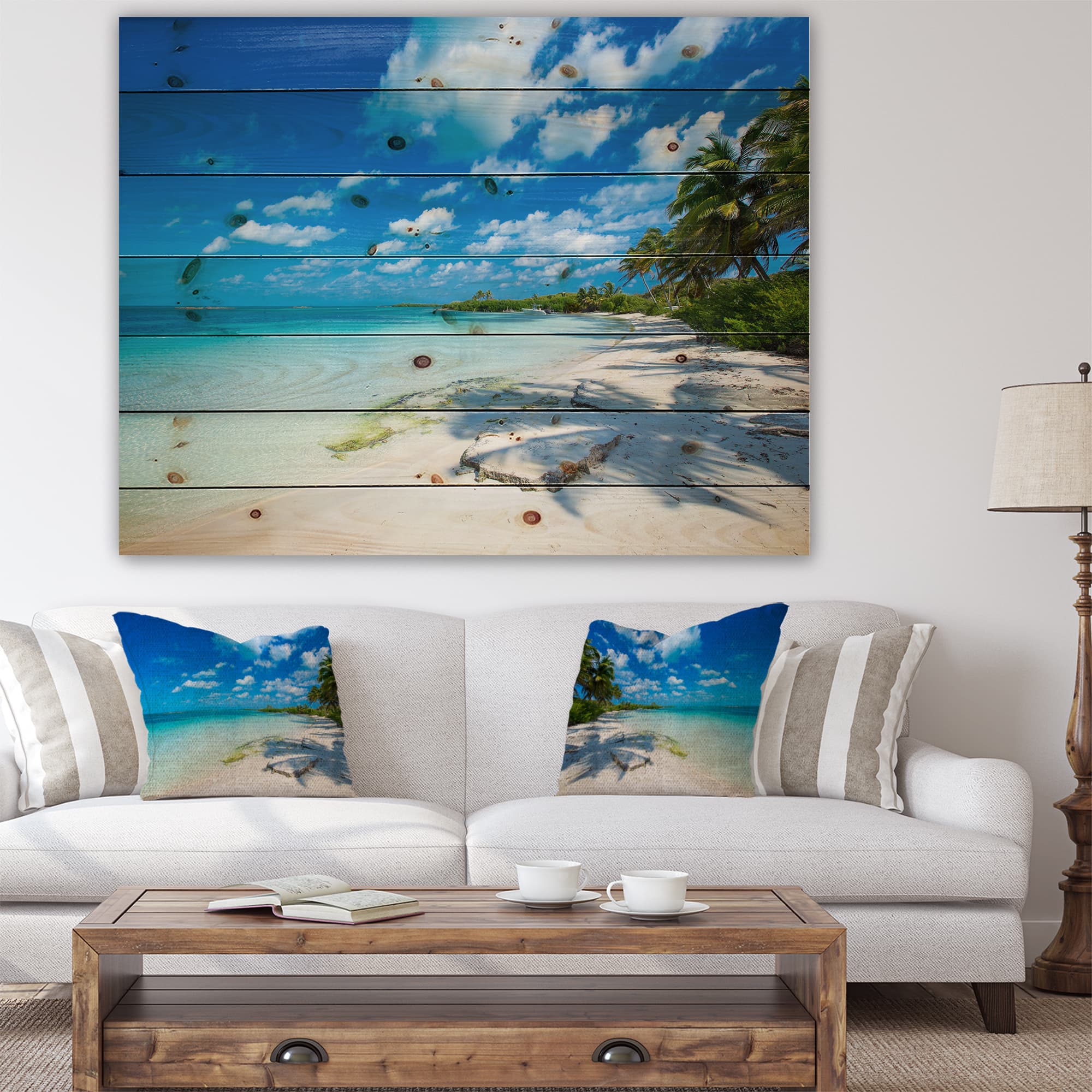 Designart - Tropical Beach with Palm Shadows - Seashore Print on Natural Pine Wood