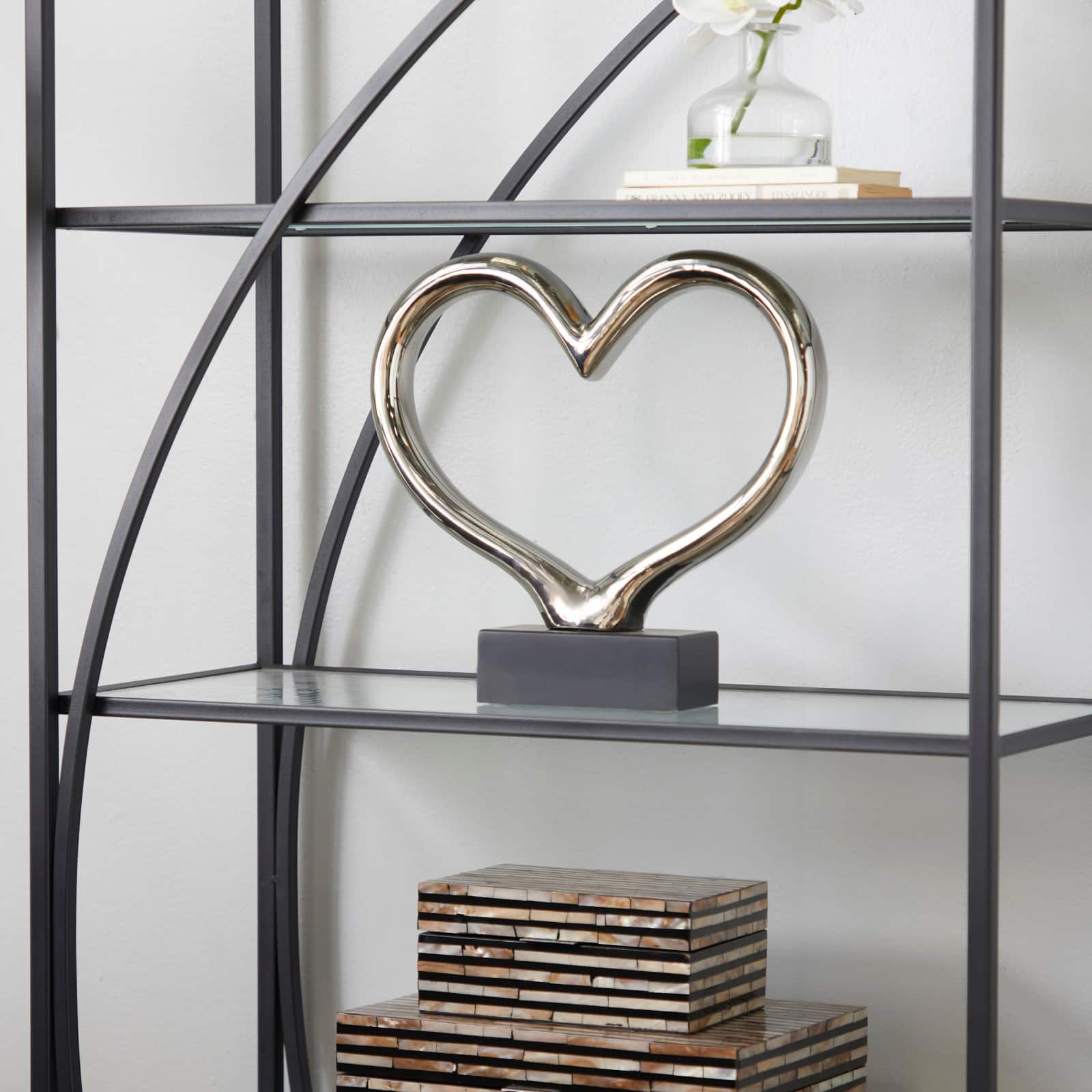 12" Silver Ceramic Contemporary Heart Sculpture
