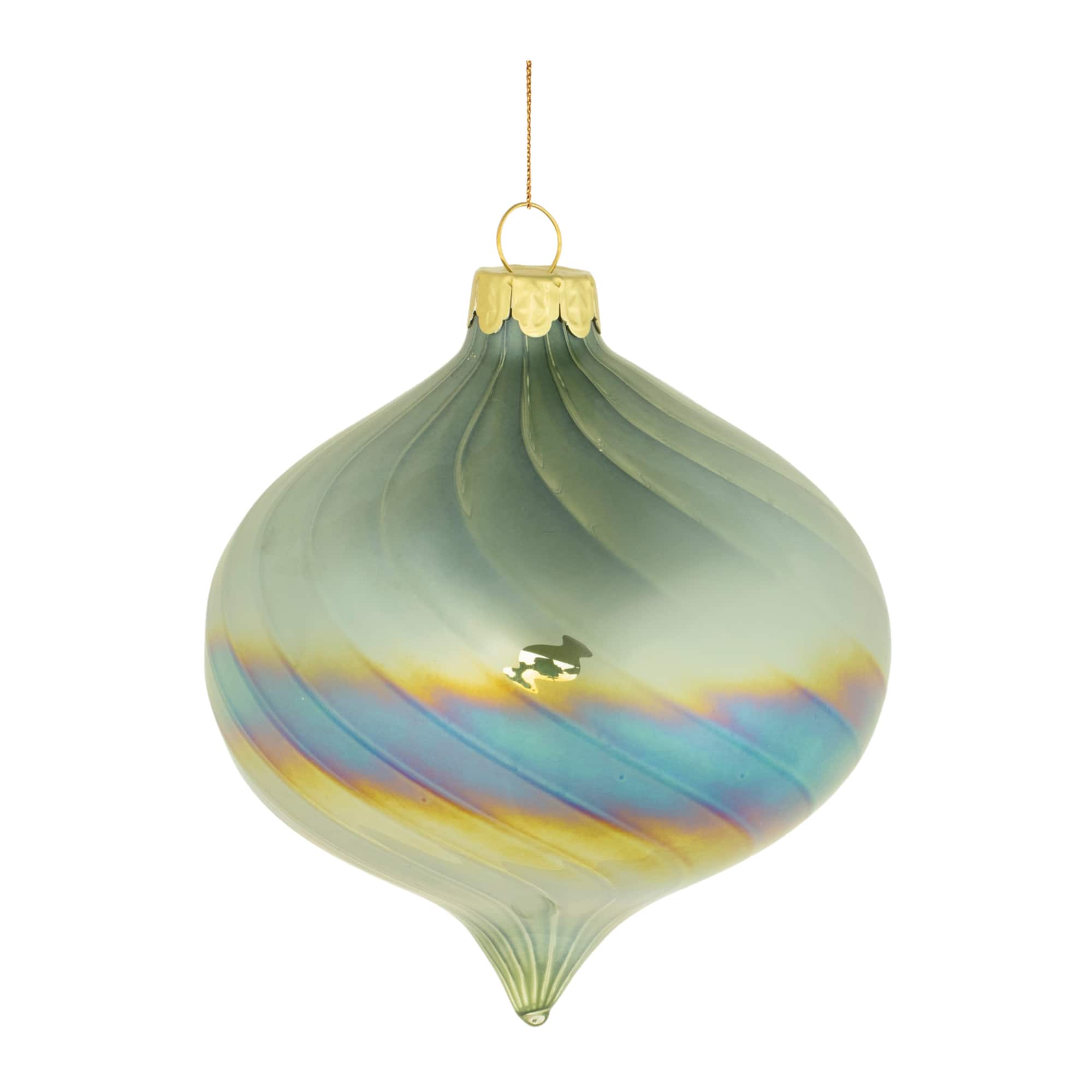 4.5" Green Iridescent Swirled Glass Ornament Set