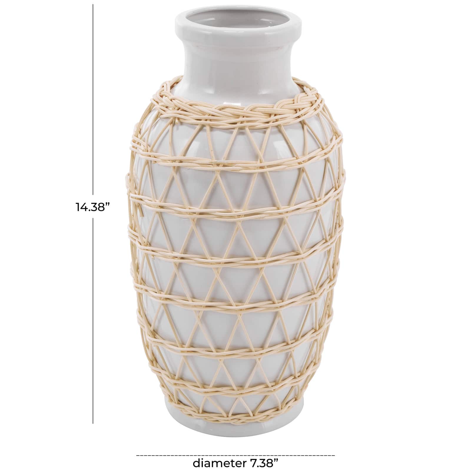 14" White Ceramic Vase with Woven Rattan Exterior