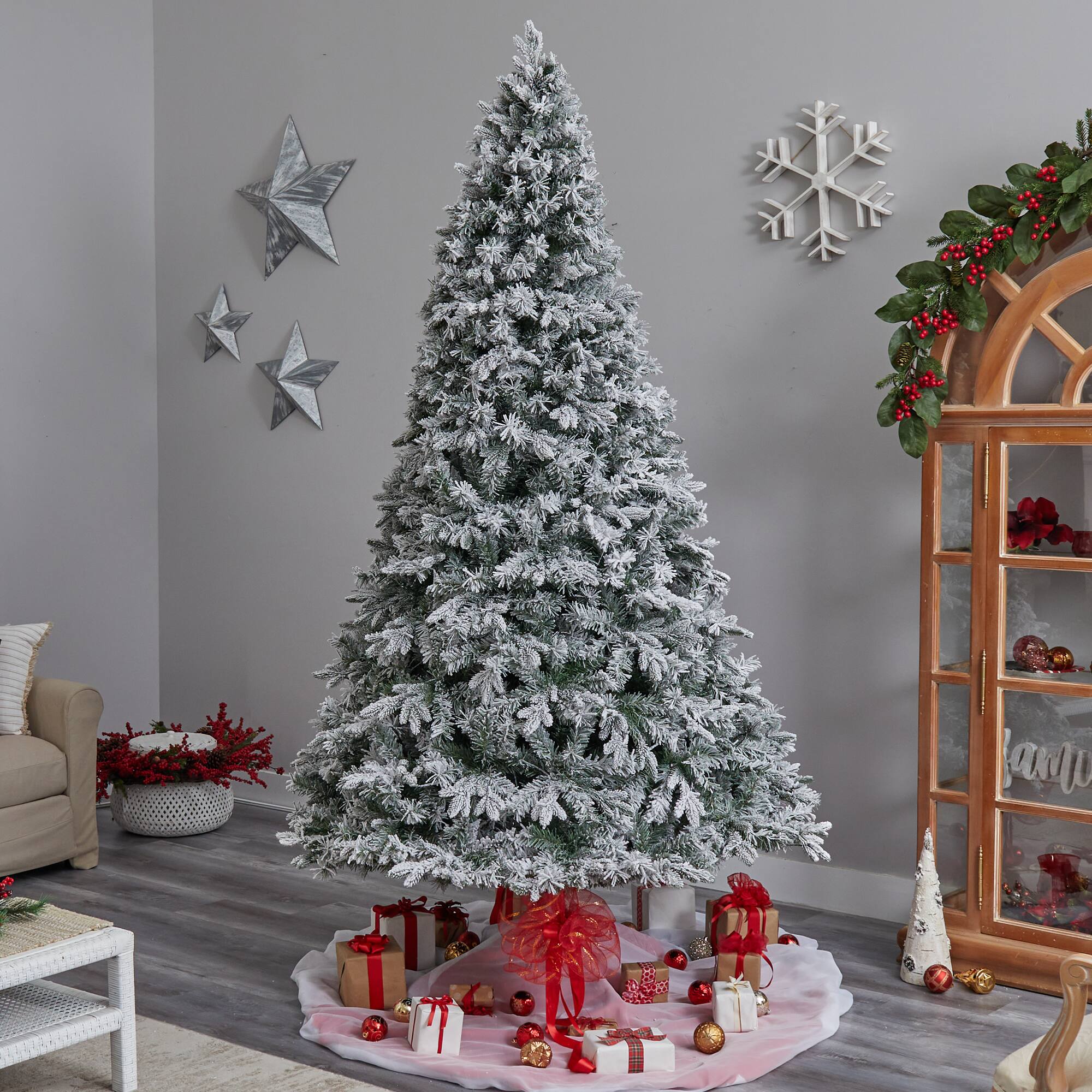 9ft. Pre-Lit Flocked Vermont Mixed Pine Artificial Christmas Tree, Clear LED Lights