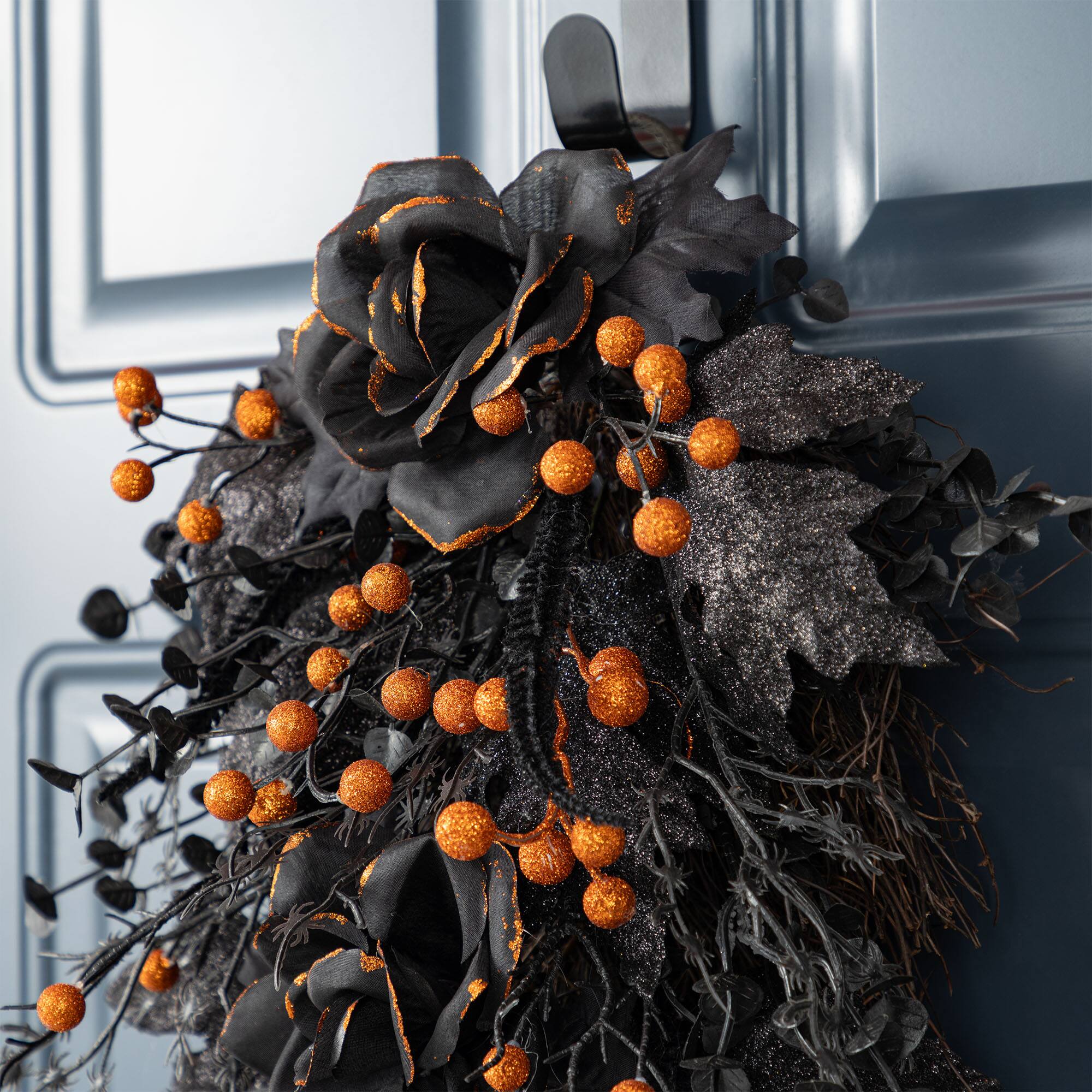 Glitzhome® 28"H Halloween Black Rose and Berry Swag with Hanger