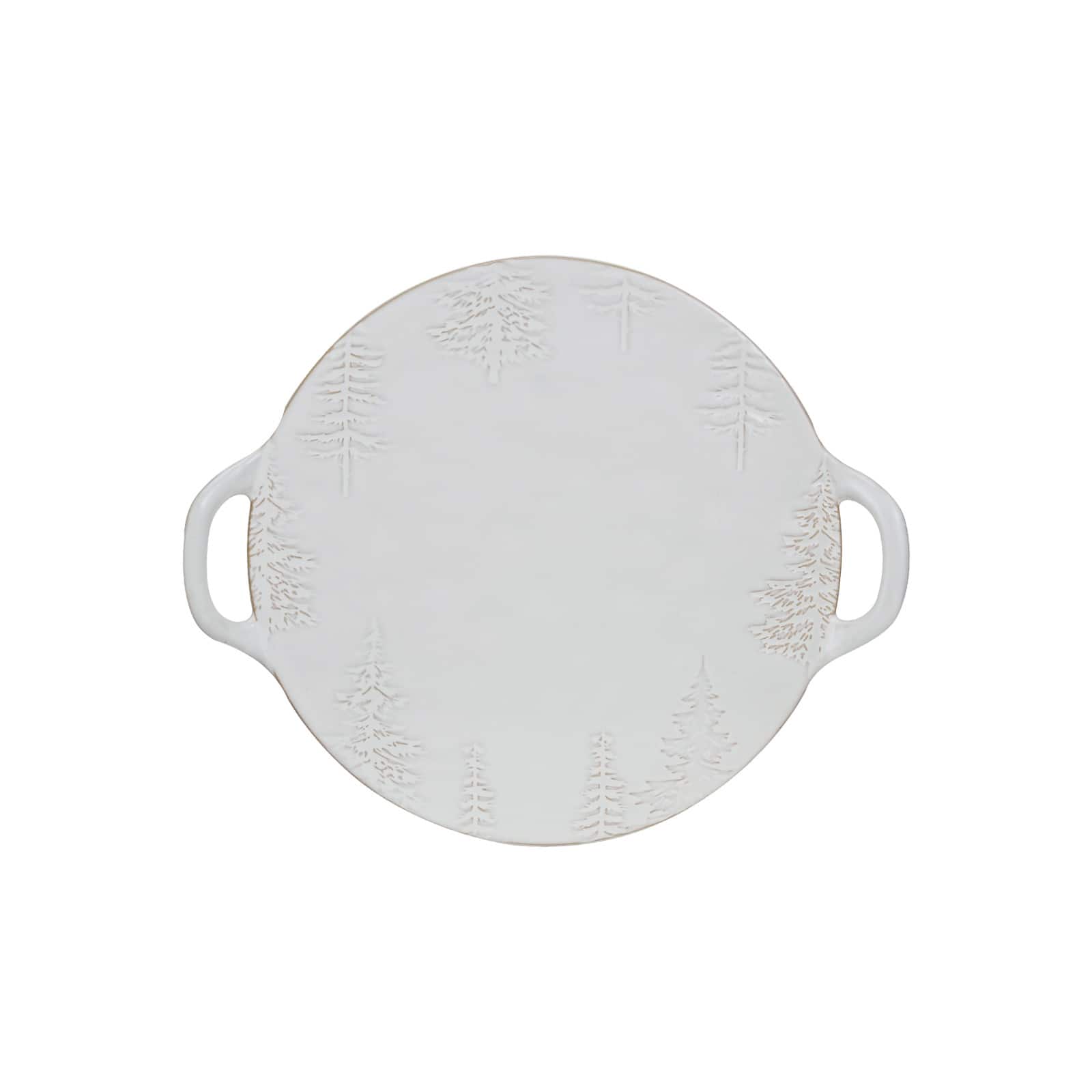 Hello Honey® 16" White Reactive Glaze Debossed Trees Round Stoneware Platter with Handles