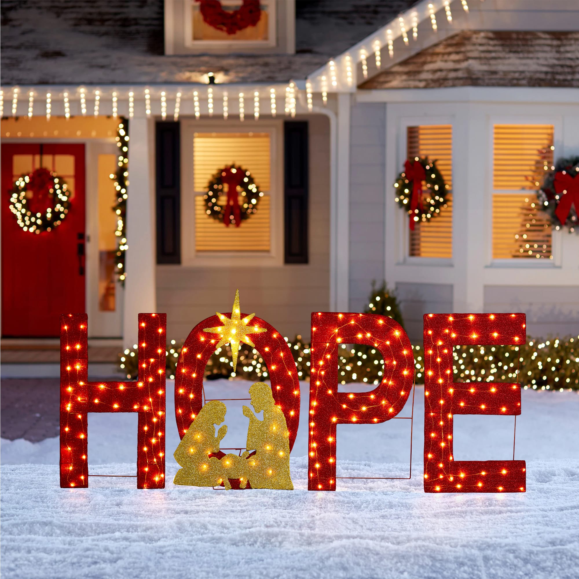 Glitzhome® 80.75"L Lighted Christmas 2D Fabric Nativity HOPE Outdoor Decor Set