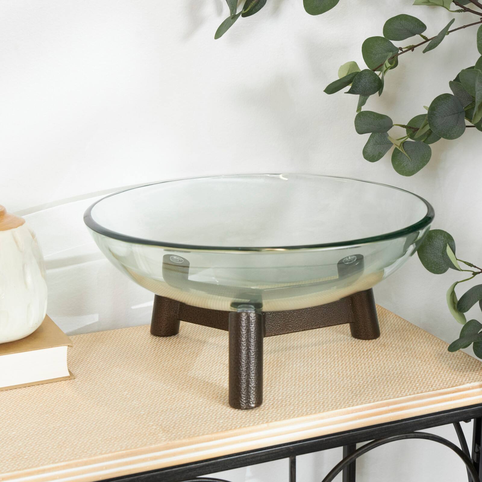9" Clear Glass Serving Bowl with Bronze Hammered Y-Shaped Stand