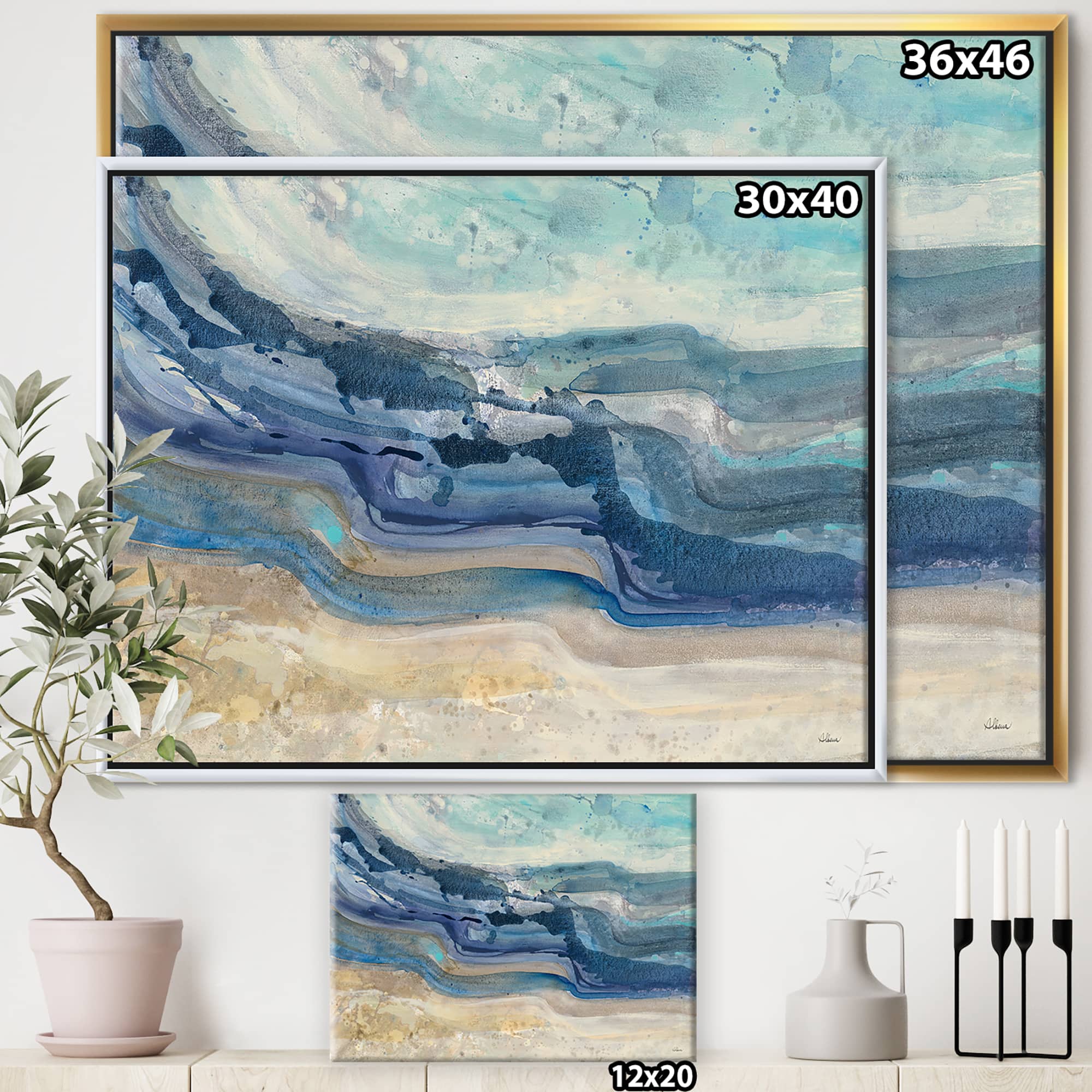 Designart - Coast Blue Sea Waves Watercolour - Modern Farmhouse Canvas in Gold Frame