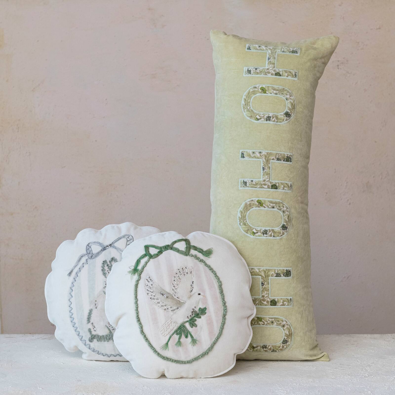 Hello Honey® 16" Embroidered Rabbit & Dove Round Cotton Velvet Pillow Set