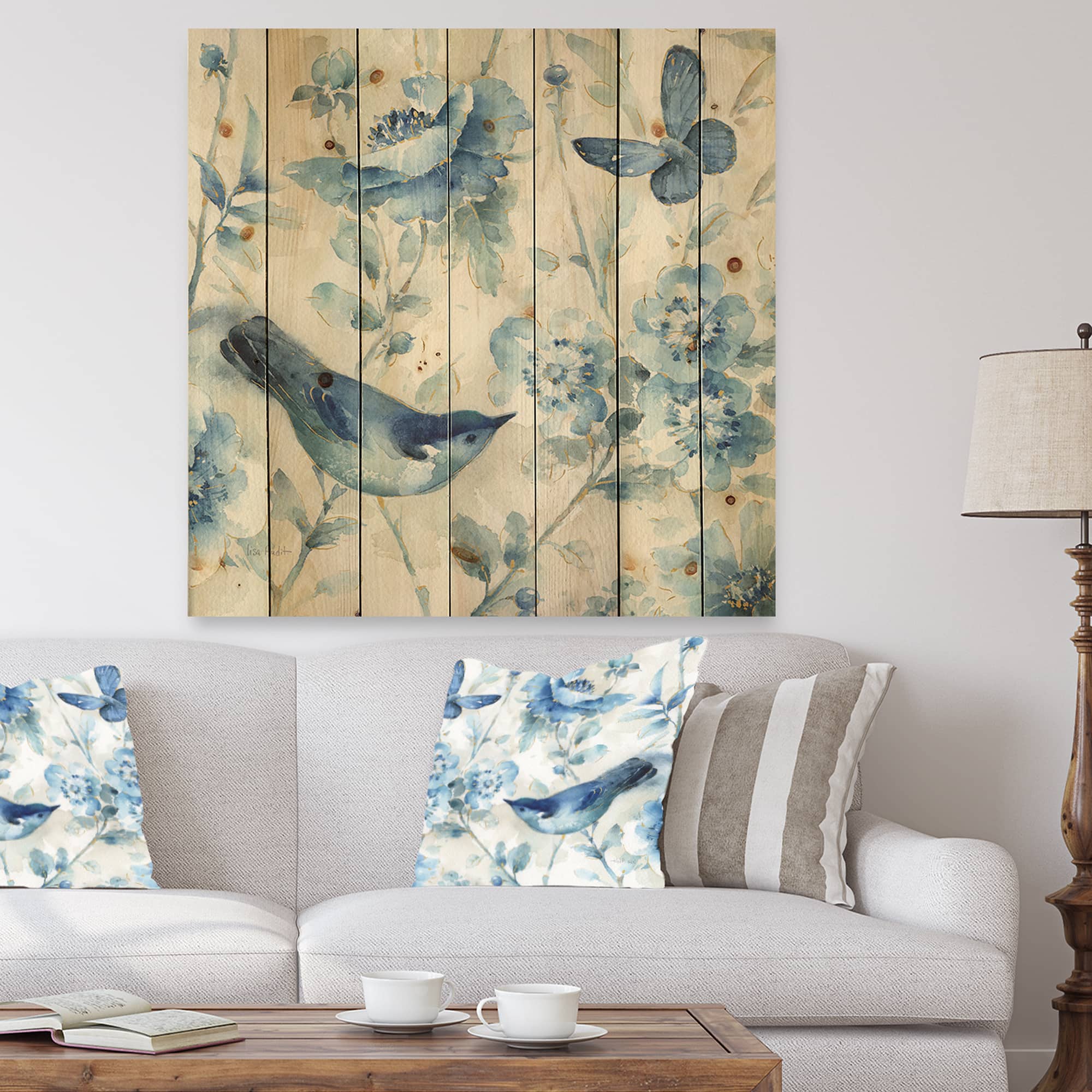 Designart - Indigold Bird Cottage Family II - Farmhouse Print on Natural Pine Wood