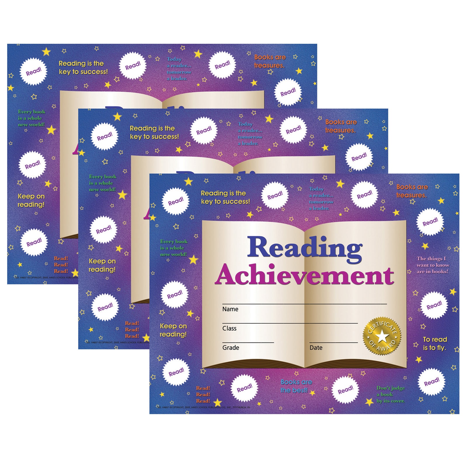 Hayes® Reading Achievement Certificates and Reward Seals, 3 Packs of 30