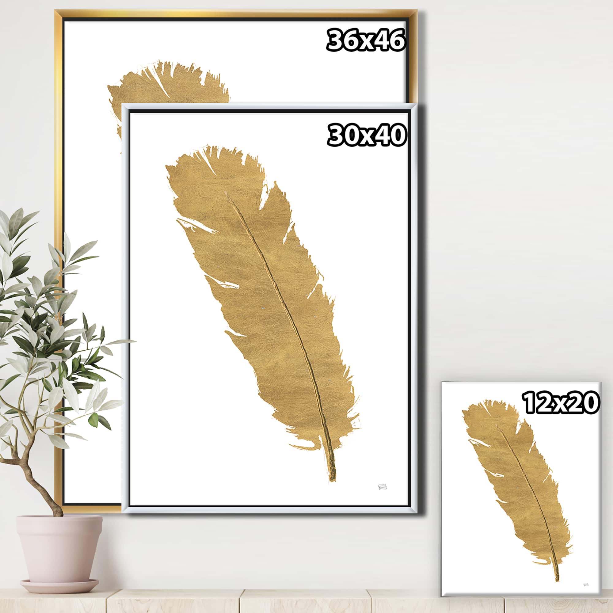 Designart - Glam pure Gold Feather II - Glam Canvas in Gold Frame