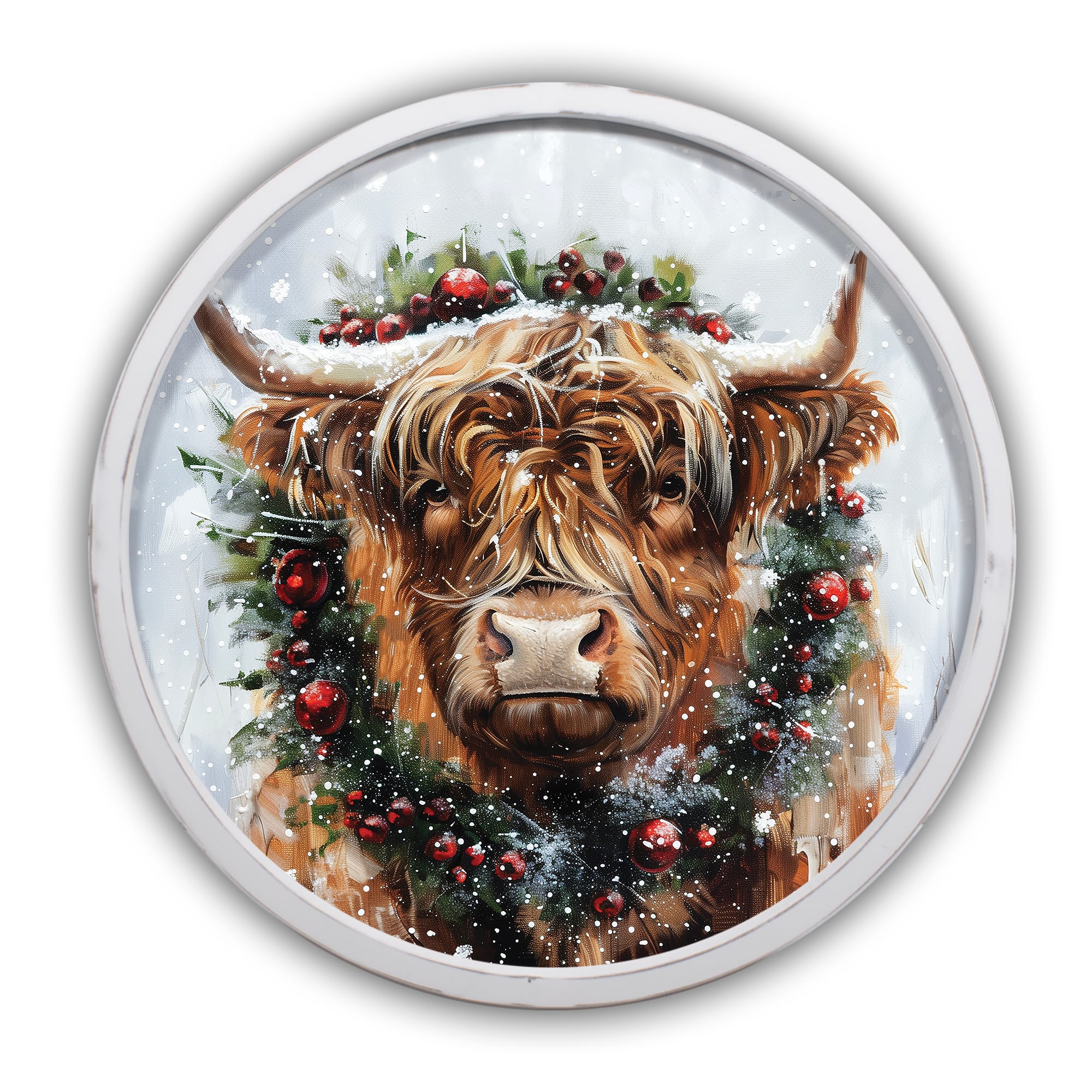 Painterly Christmas Highland 20" x 20" Round White Framed Print