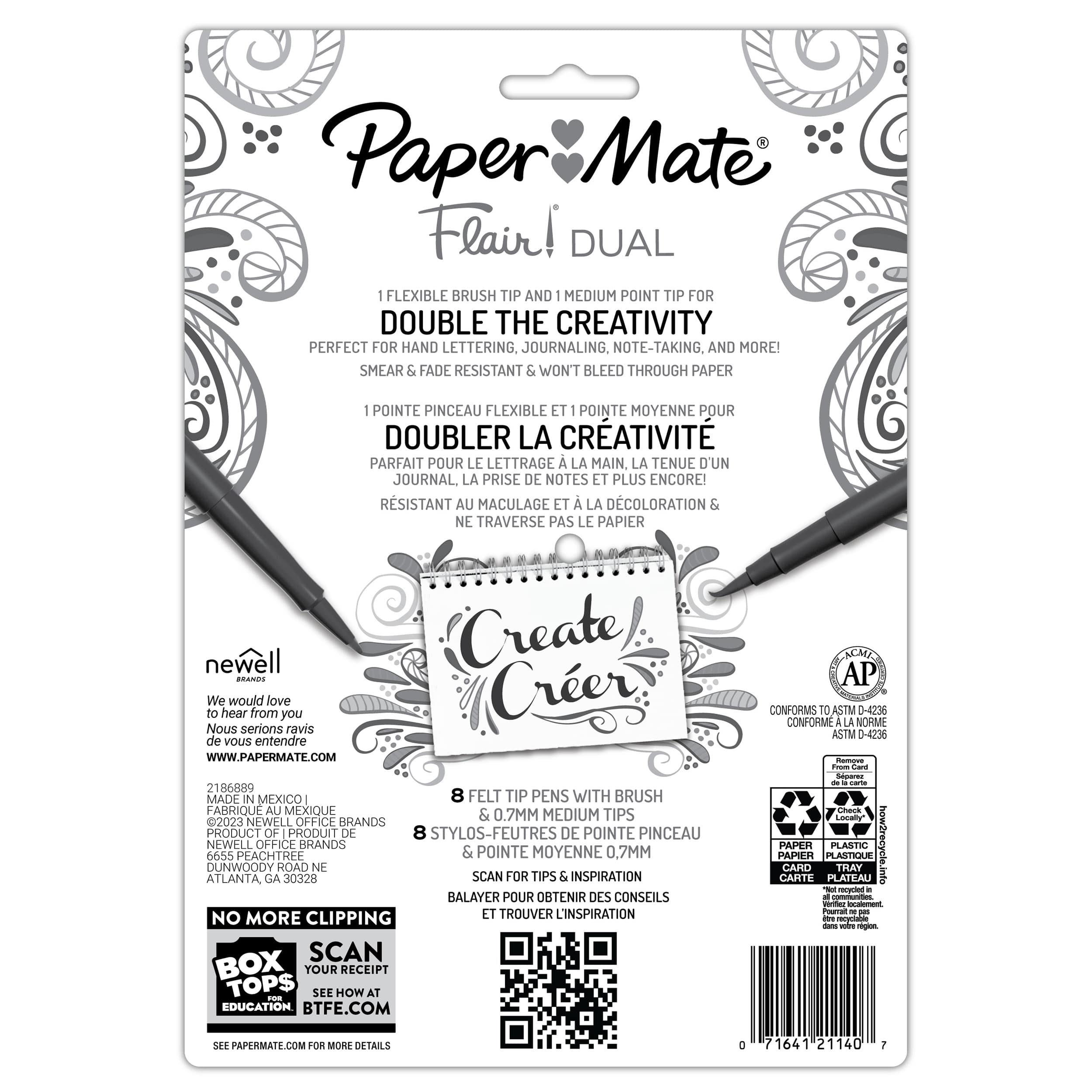Stylos à double pointe feutre pinceau et moyenne, 8 couleurs, Flair! de Paper Mate
