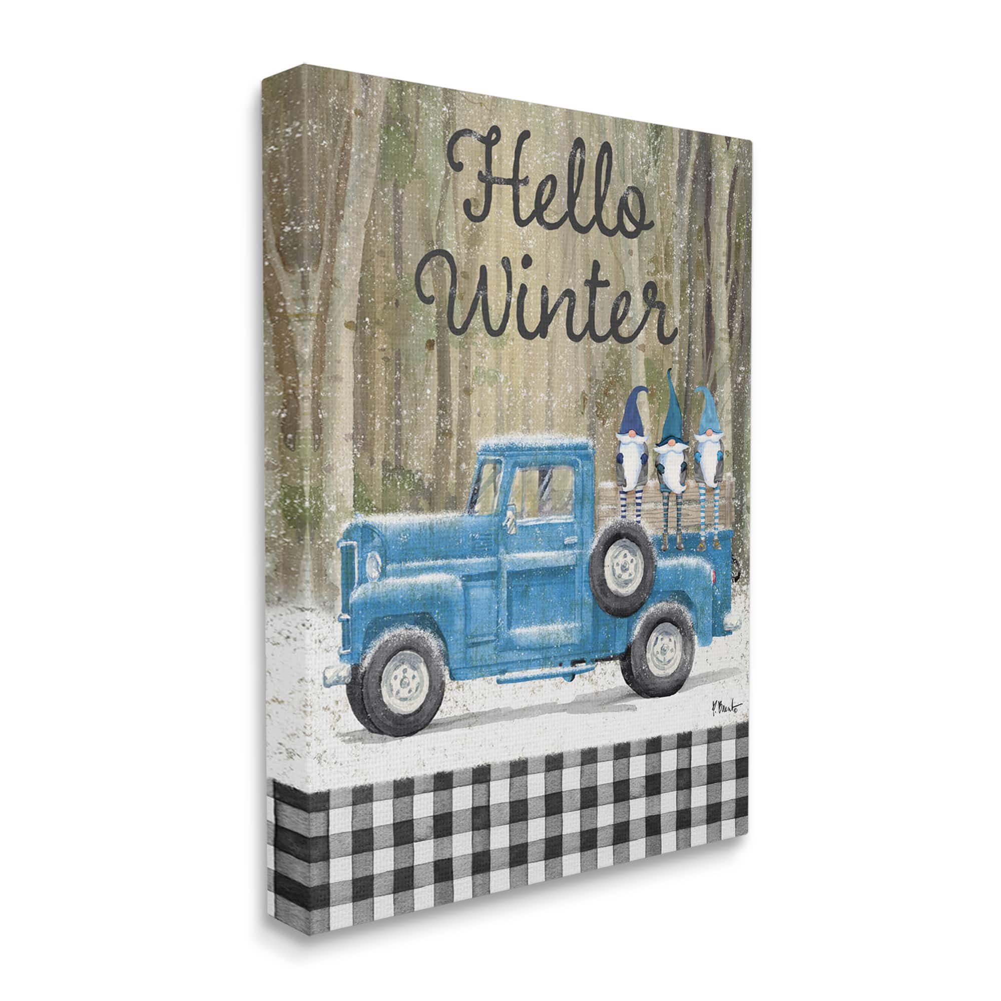 Stupell Industries Hello Winter Plaid Gnomes Canvas Wall Art