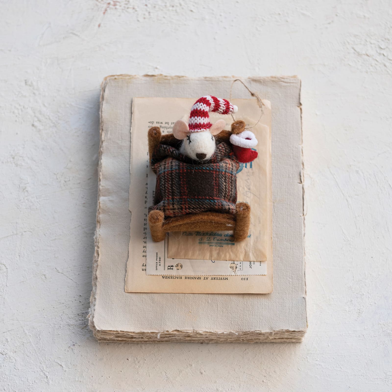 Hello Honey® 6.25" Handmade Wool Felt Mouse in Bed Ornament with Hat & Stocking