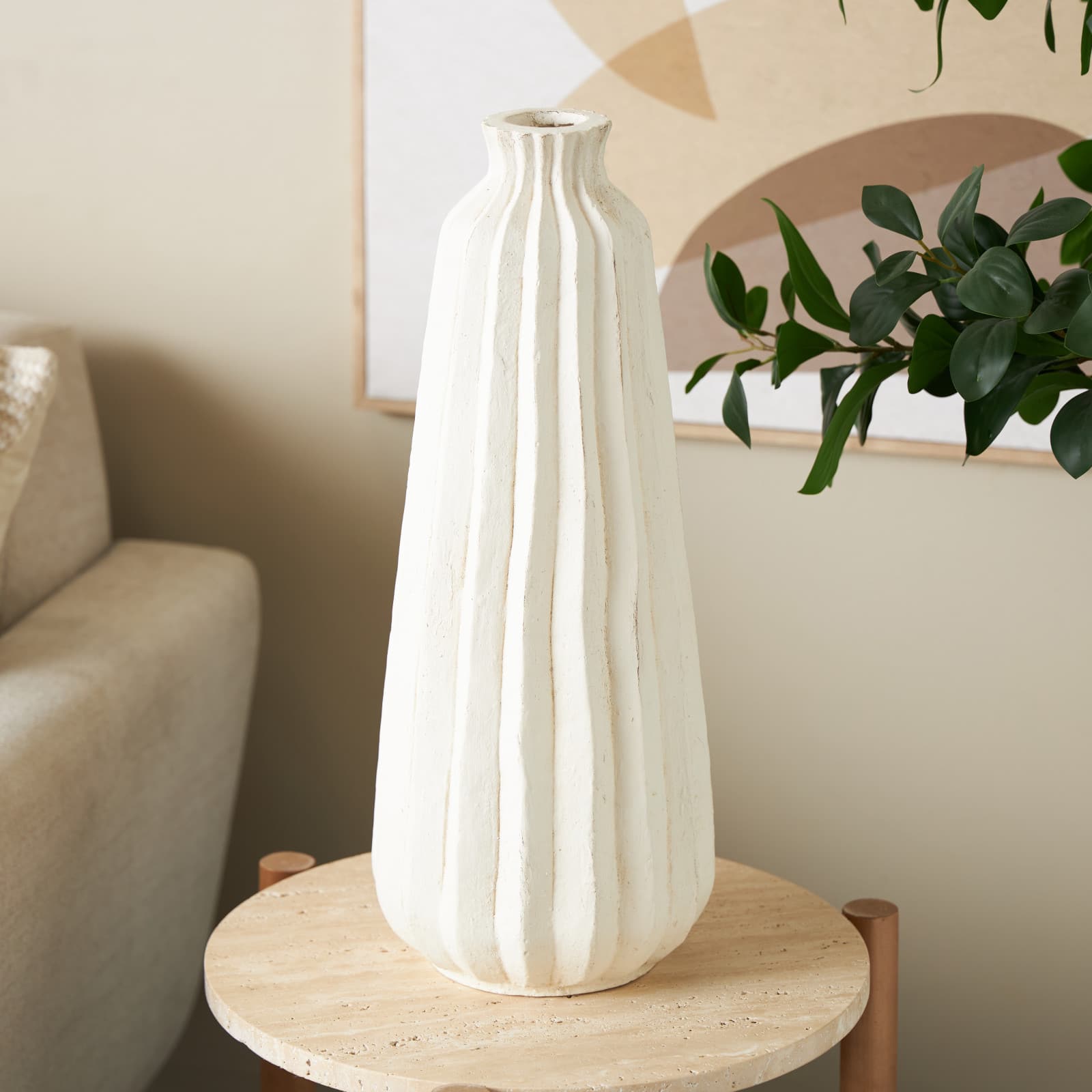 20" Cream Magnesium Oxide with Carved Grooves Vase