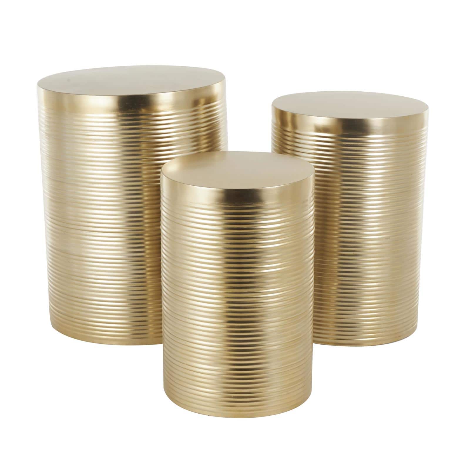 Gold Metal Metallic Ribbed Drum Accent Table Set