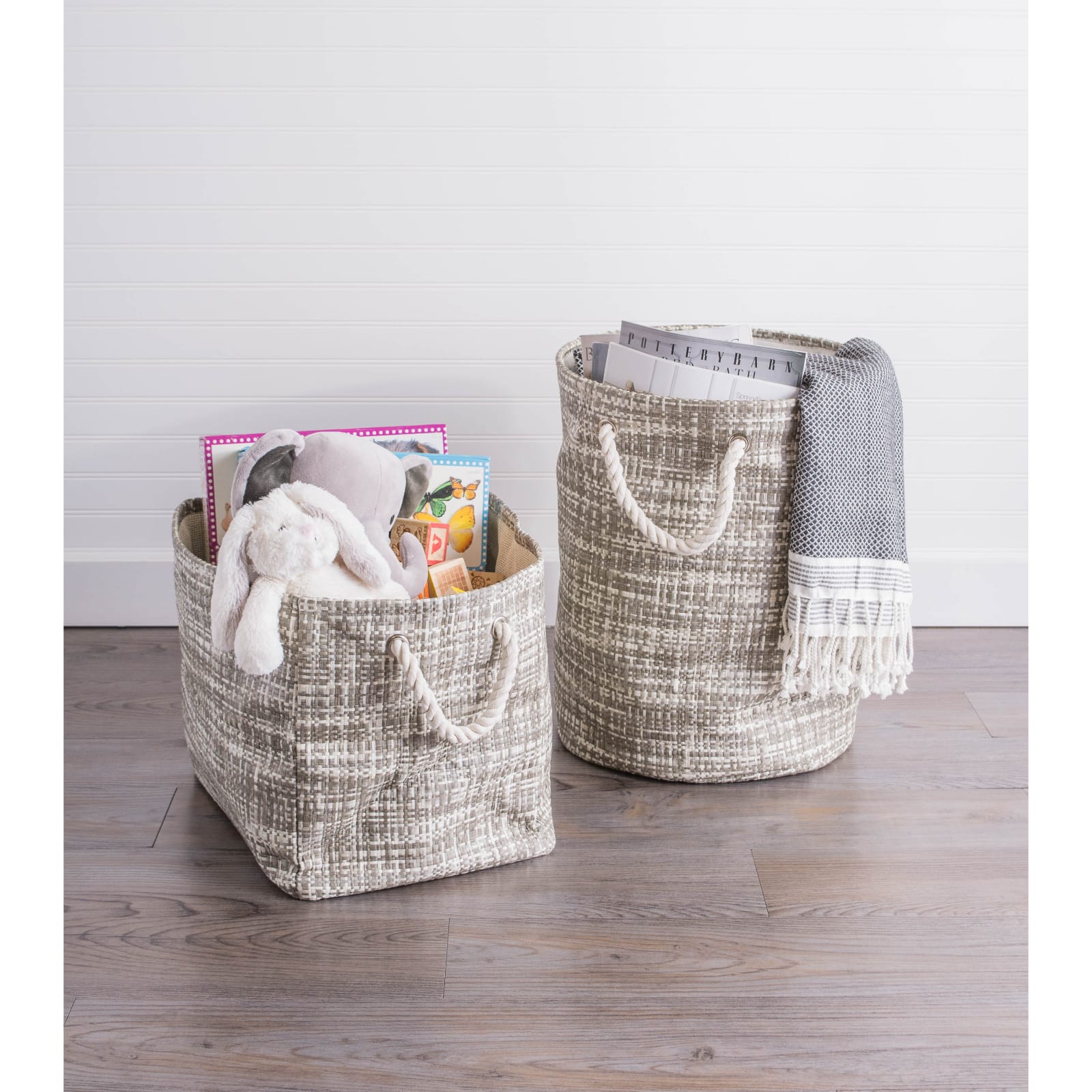 DII® Large Stone Tweed Round Woven Paper Storage Basket