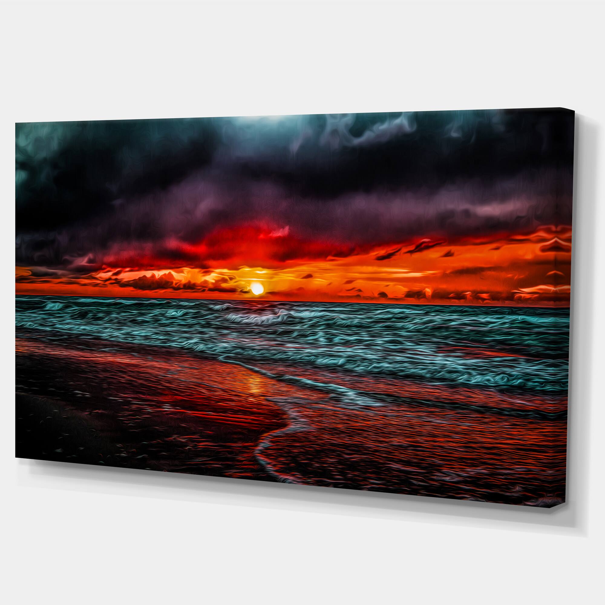 Designart - Red Sunset over Blue Waters - Seascape Canvas Art Print