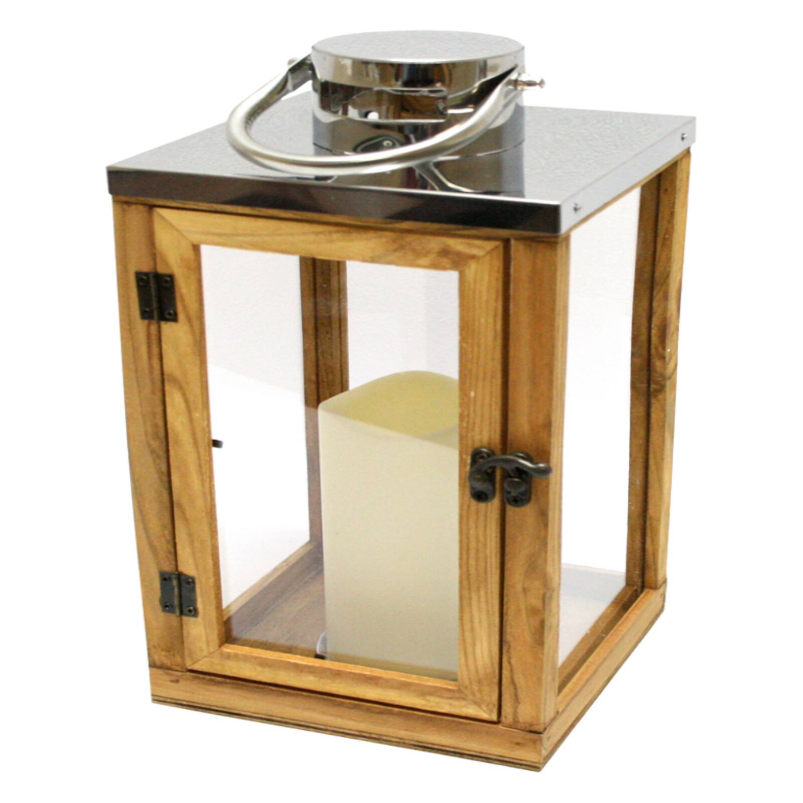 13.75" Rustic Wood and Glass Flameless Pillar Candle Lantern