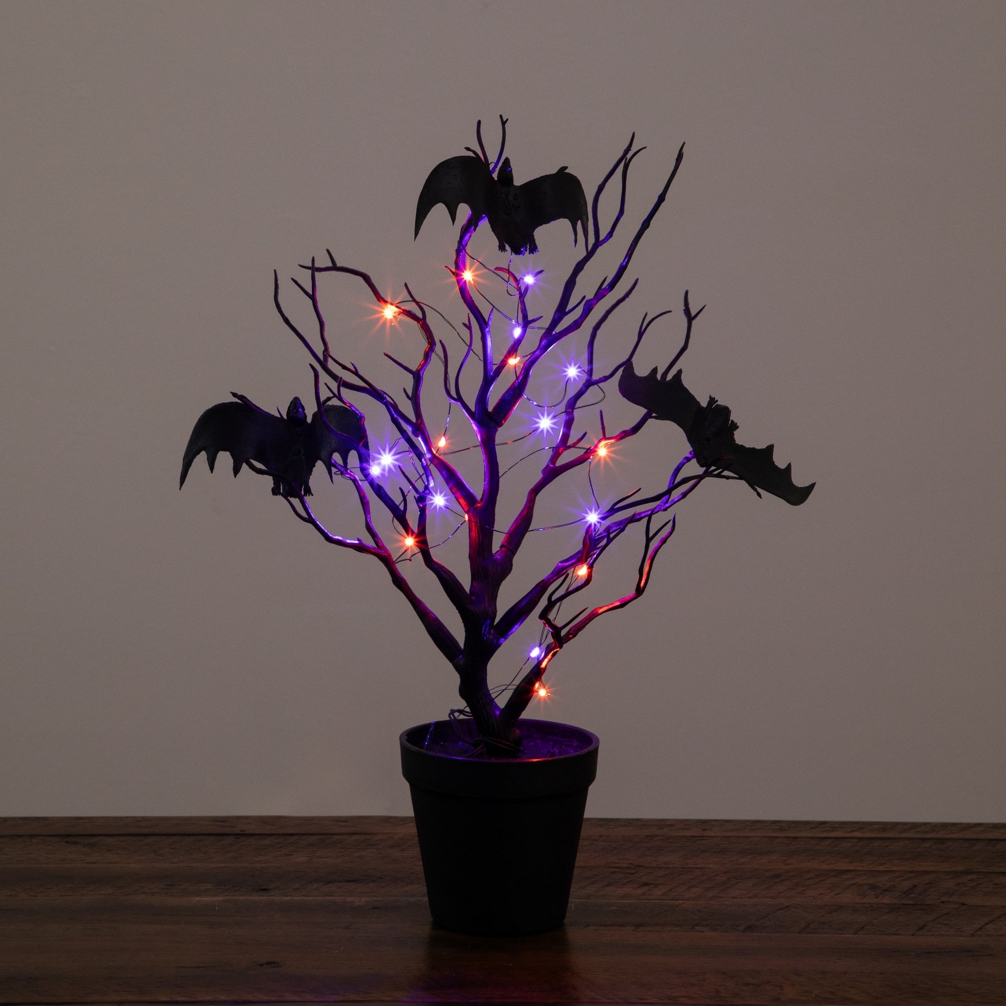 16" Pre-Lit Artificial Halloween Black Spooky Twig Tree with Bats and 20 Orange & Purple LED Lights