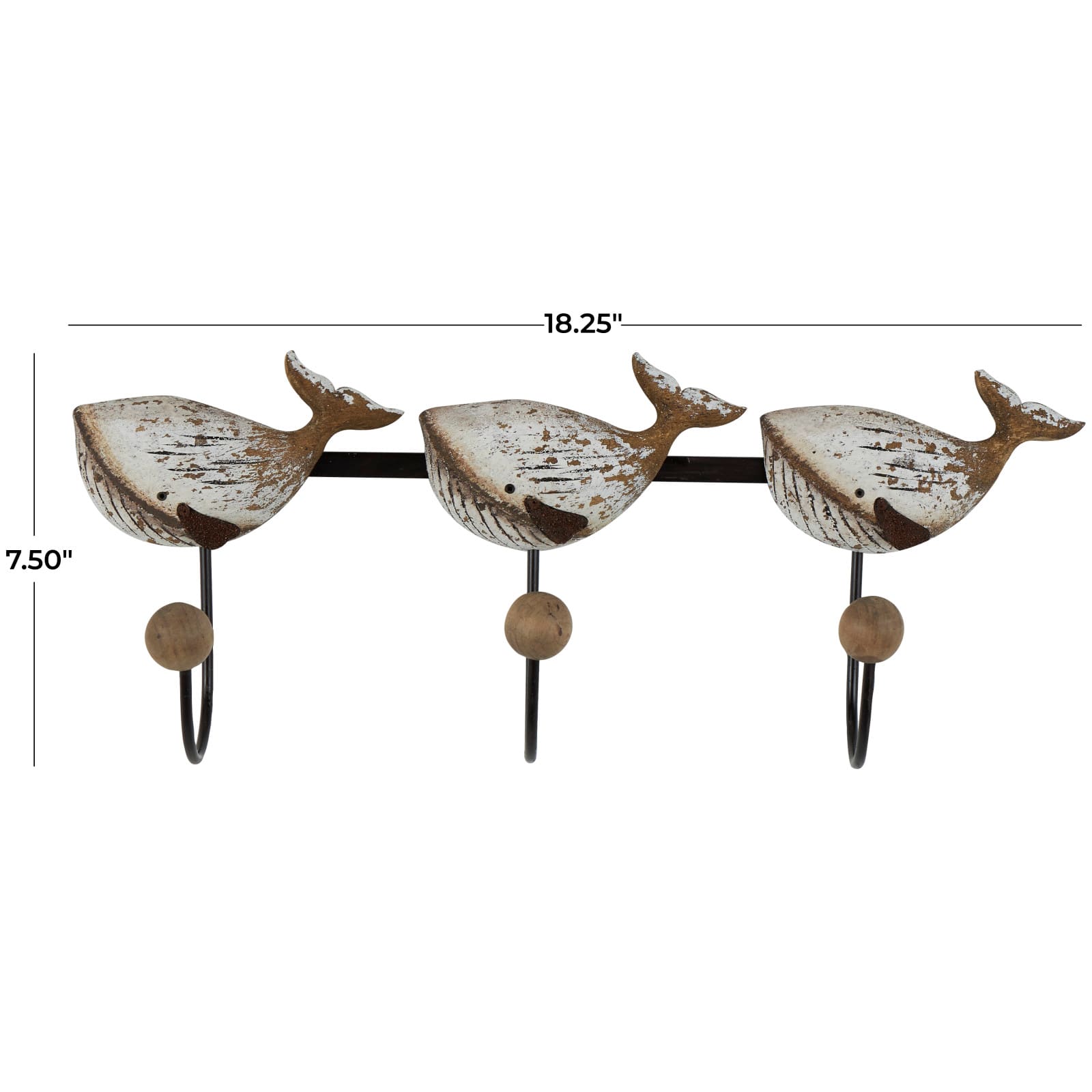 Handmade Whale Wall Hook with Black Metal & Wood Ball Accents