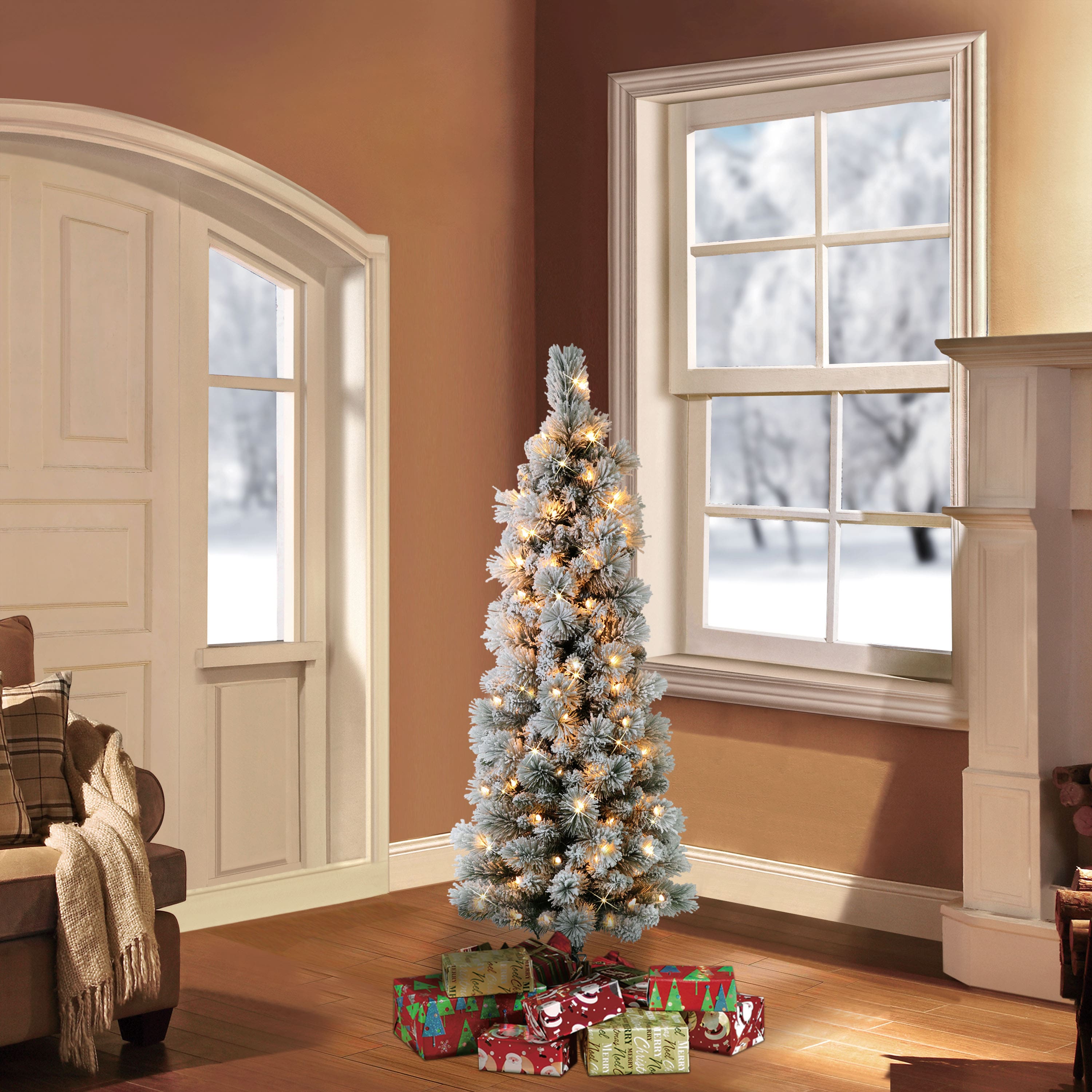 4.5ft. Pre-Lit Flocked Portland Pine Pencil Artificial Christmas Tree, Clear Lights