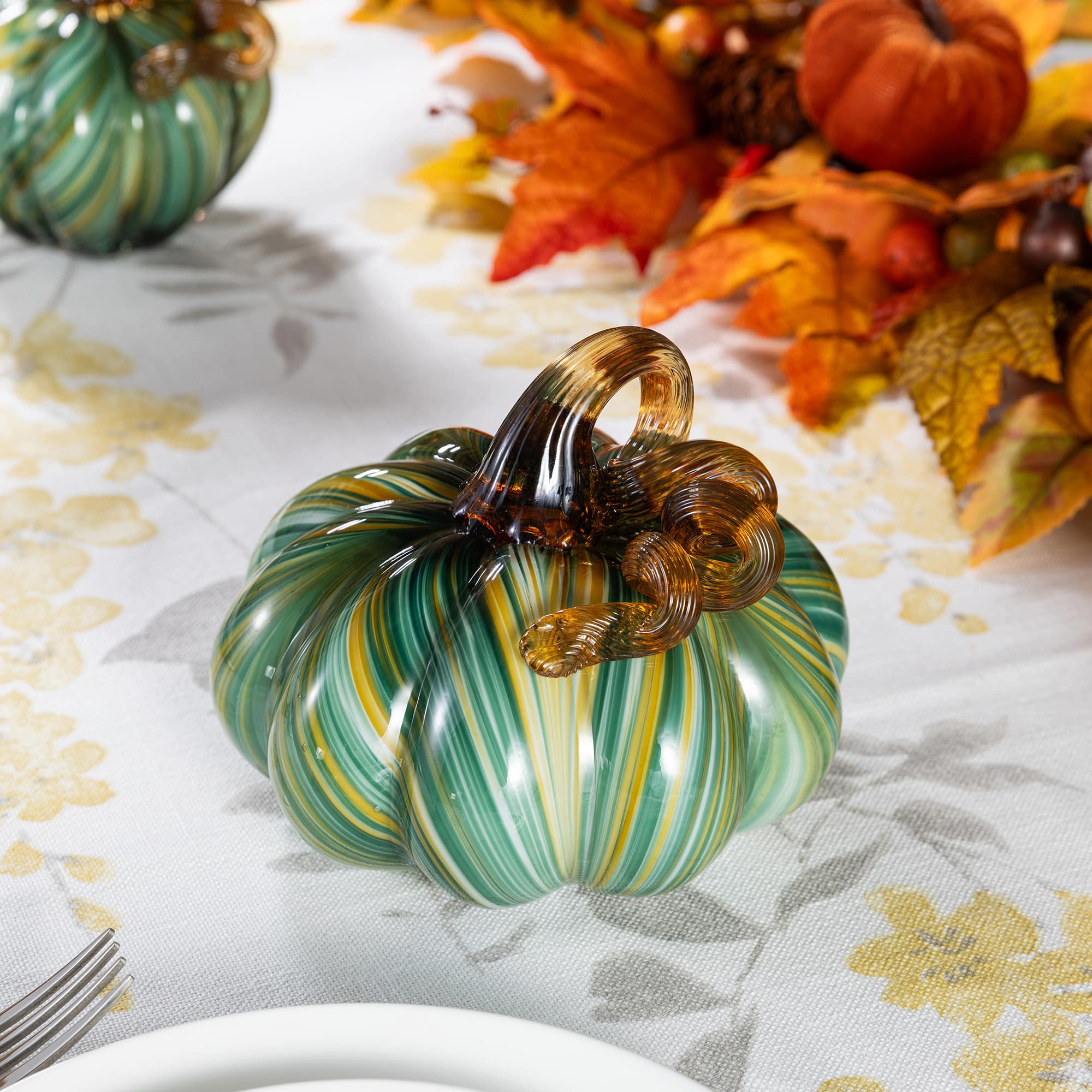 Glitzhome® 5.75" Multi Green Striped Glass Pumpkin Fall Table Decor