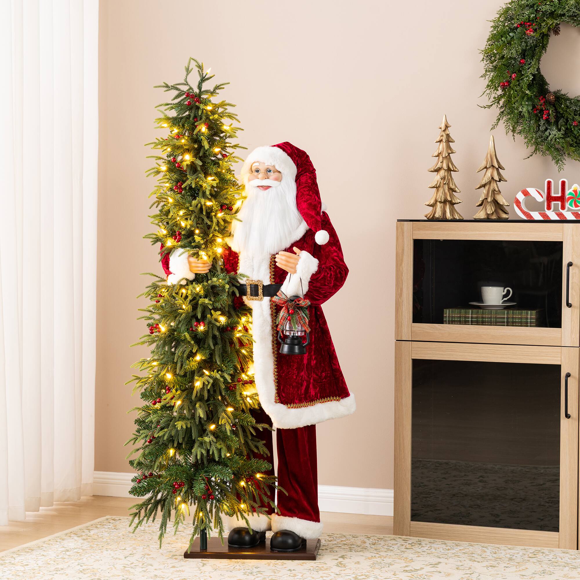 Glitzhome® 4ft. Oversized Traditional Christmas Santa with 5ft Lighted PE Dripping Christmas Tree
