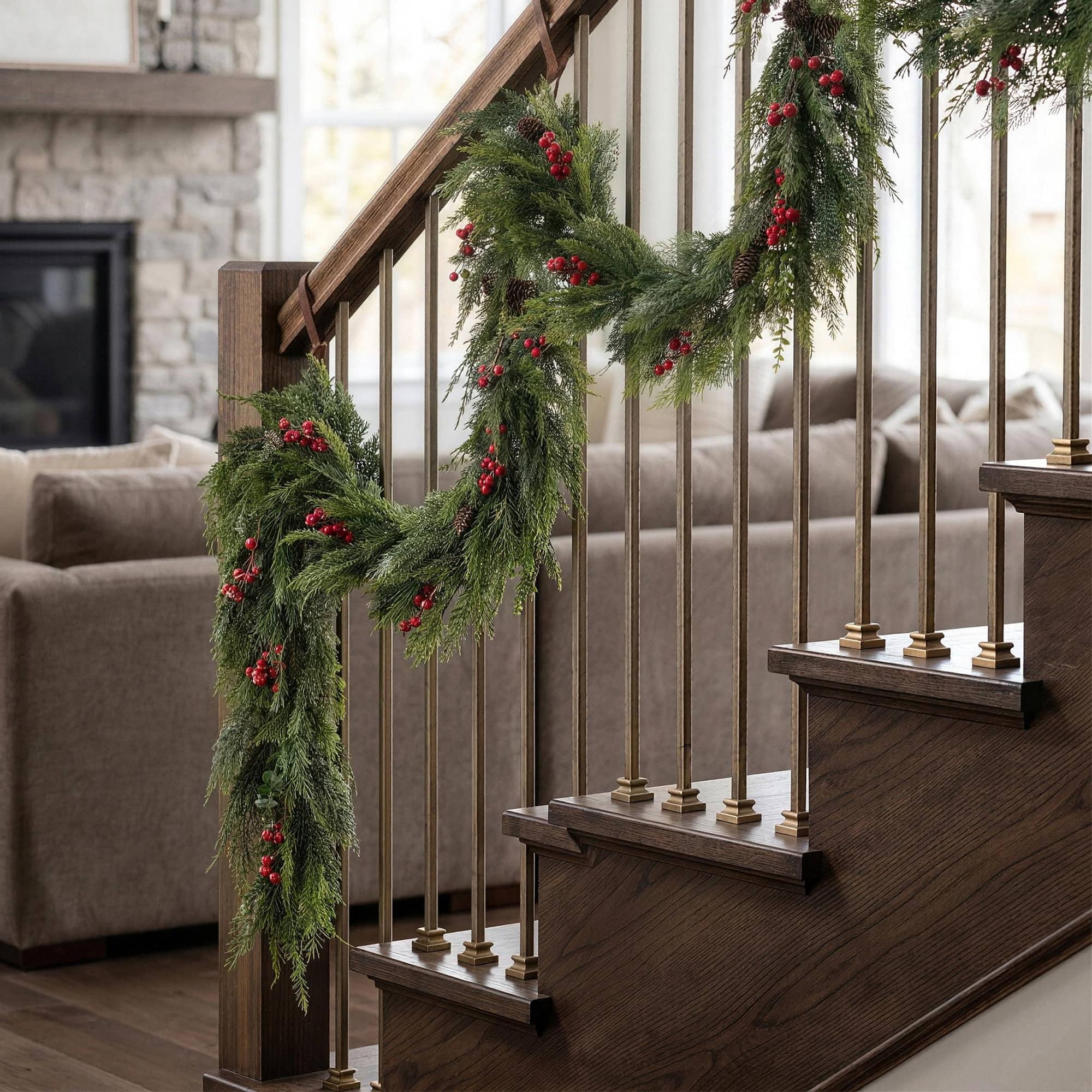 Glitzhome® 6ft. Christmas Greenery Frosted PE Dripping Garland with Pinecones & Red Berries, Set of 2