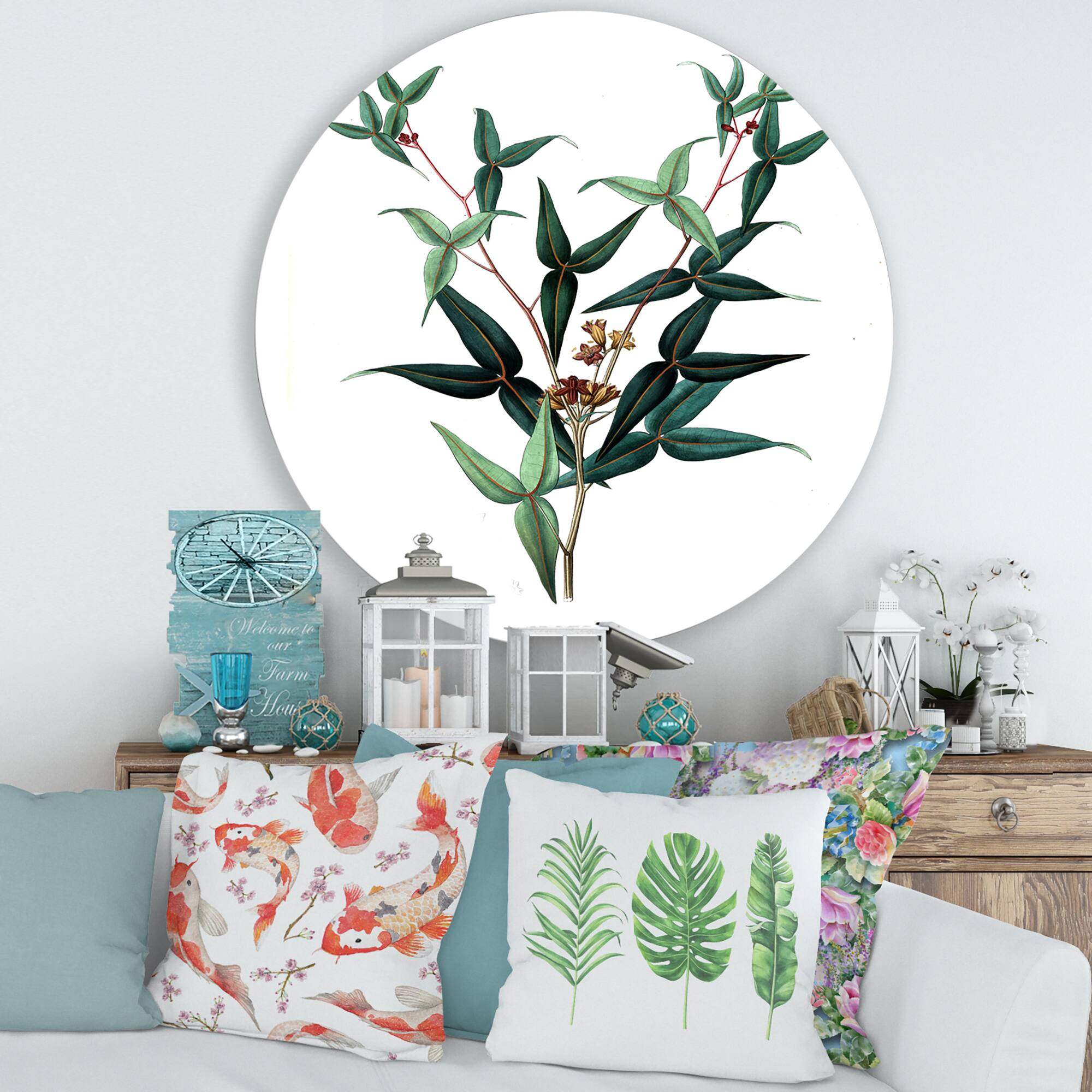 Designart - Vintage Green Leaves Plants VIII - Traditional Metal Circle Wall Art