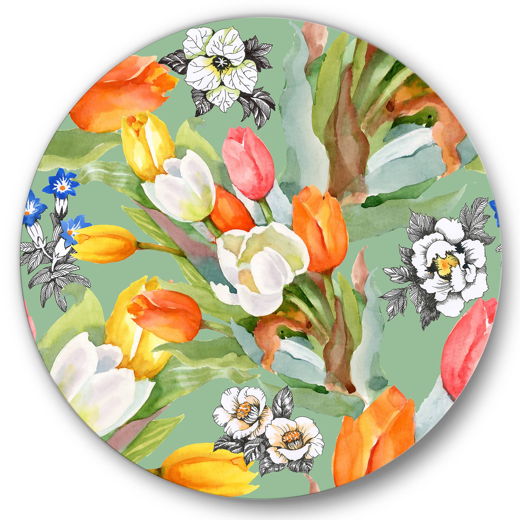 Designart - Blooming White and Orange Tulips III - Traditional Metal Circle Wall Art