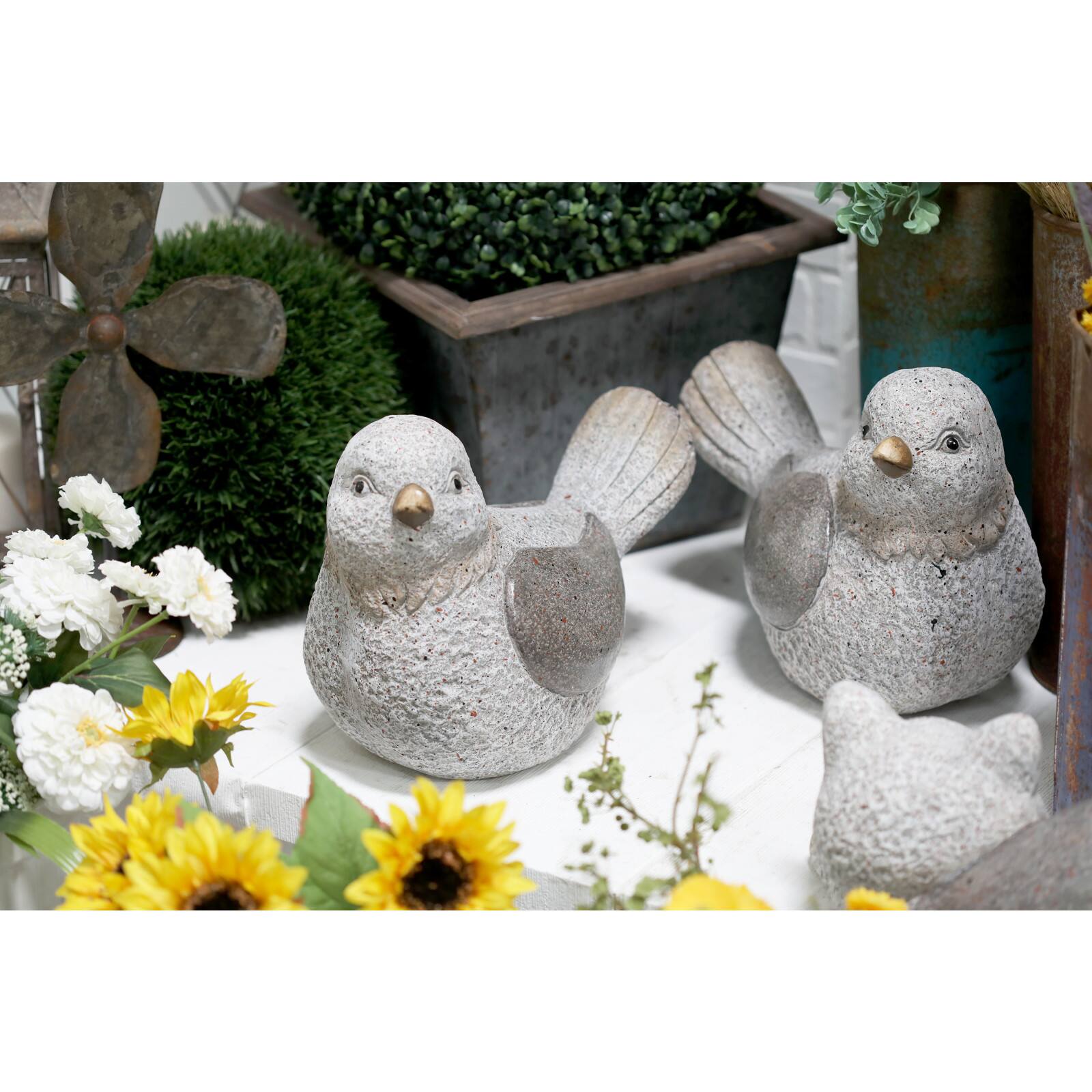 13" Gray Stone Country Bird Garden Sculpture Set