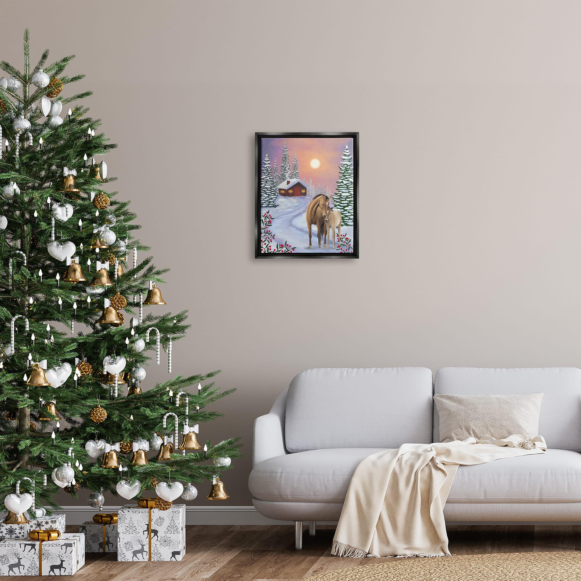 Stupell Industries Holiday Horses Winter Scene Framed Floater Canvas Wall Art