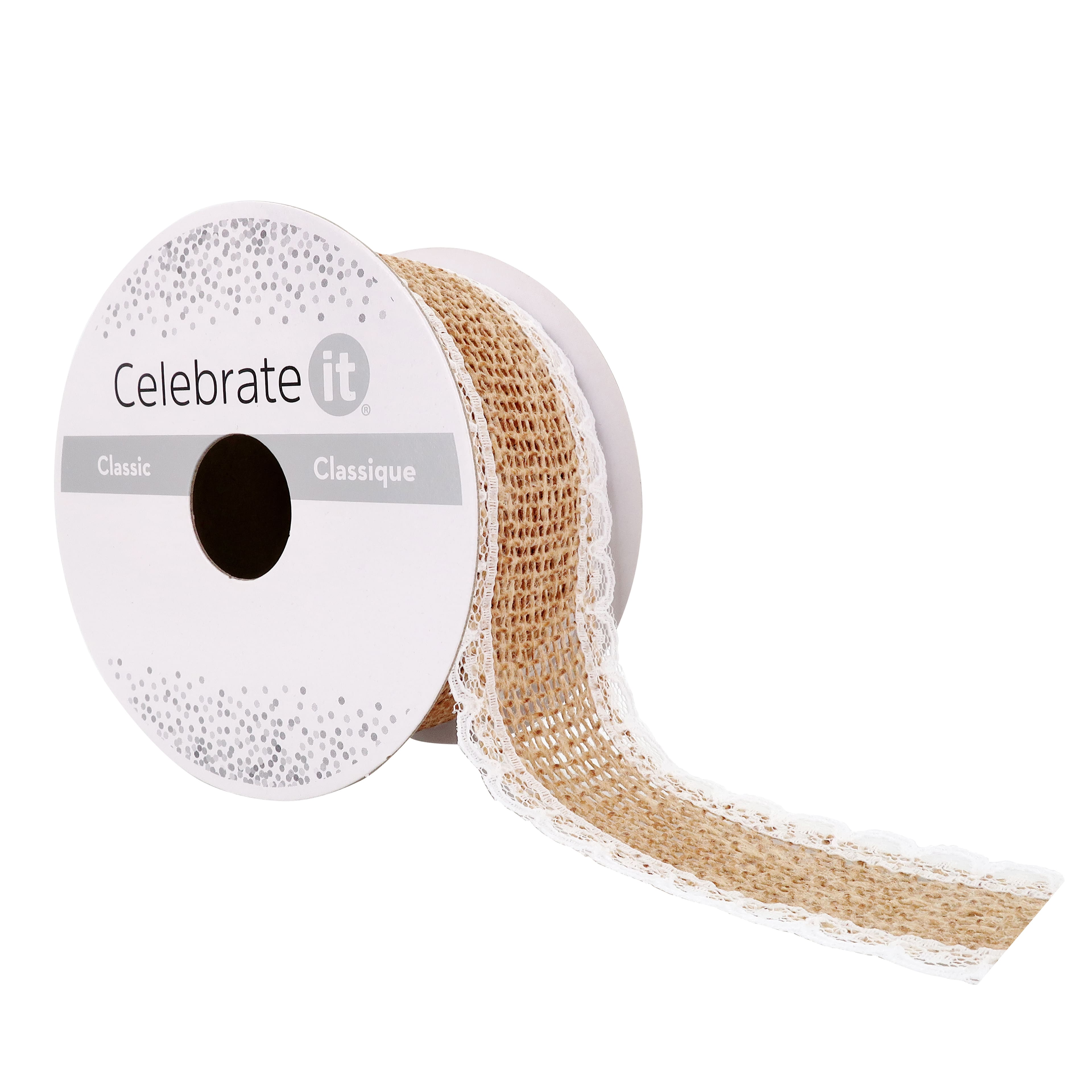 1.5" x 3yd. Faux Burlap with Lace Edging Ribbon by Celebrate It® Classic