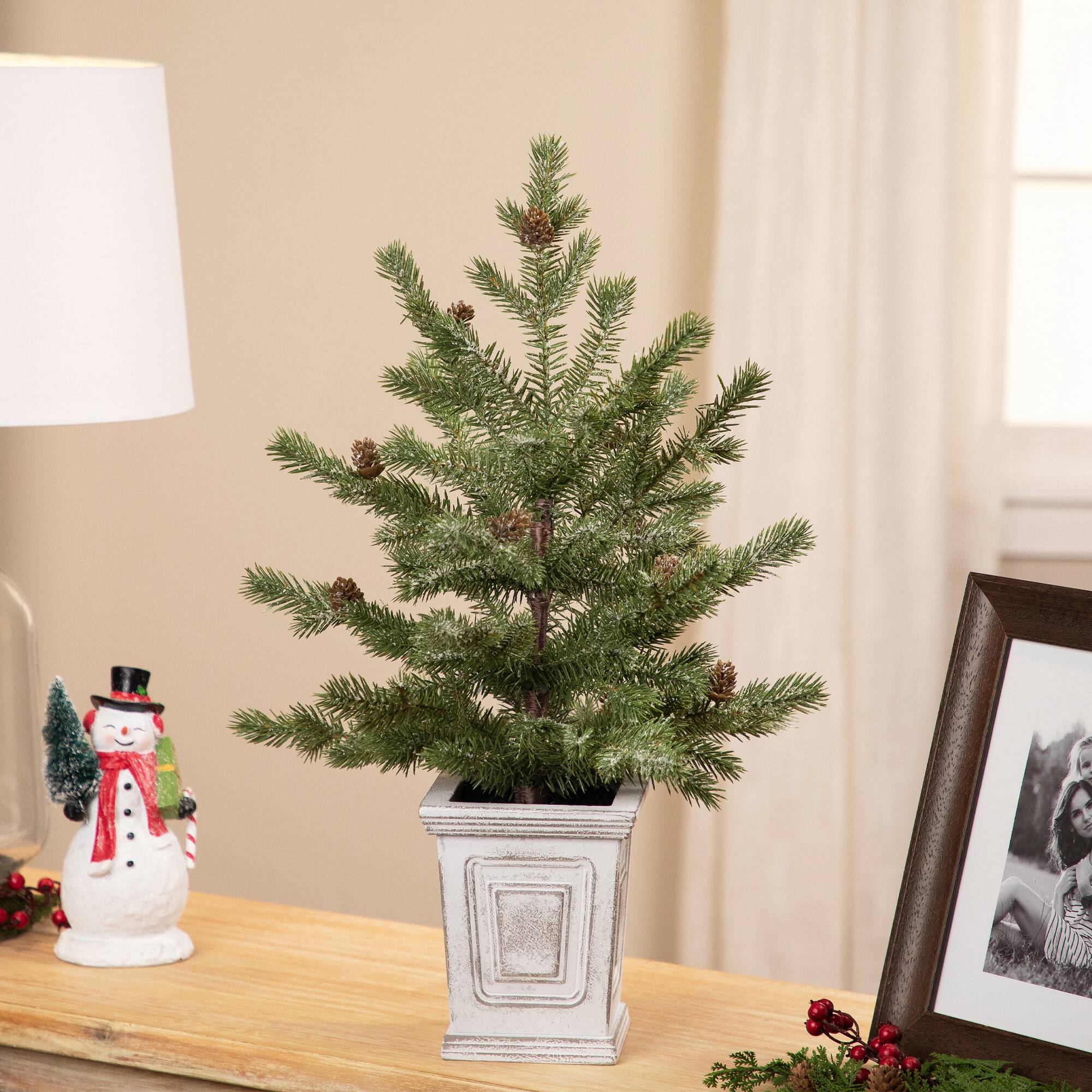 Northlight 22" Unlit Lightly Flocked Pine Potted Artificial Christmas Tree with Pinecones