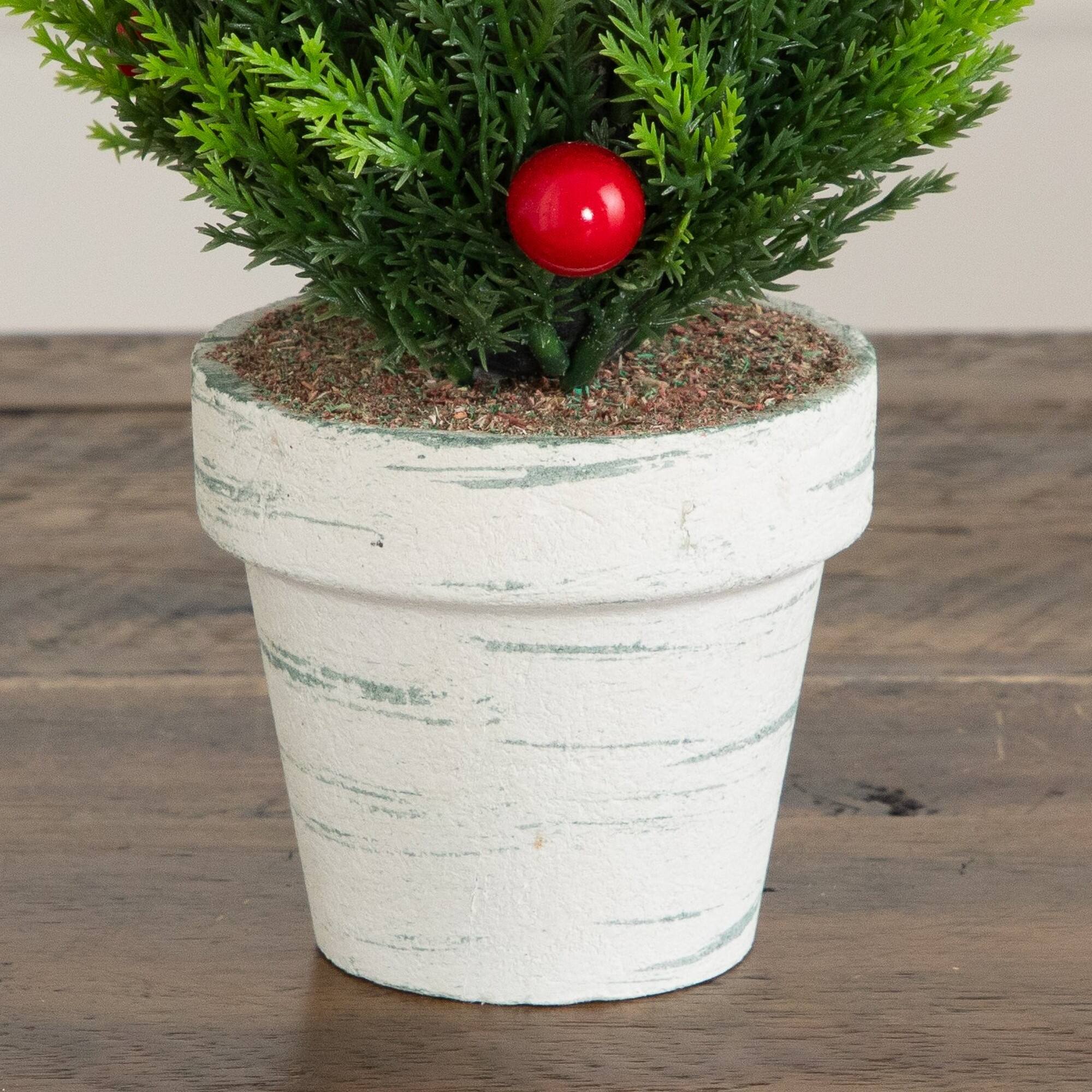 Nearly Natural Artificial Cypress Trees with Red Berries & Pinecones in White Rustic Planter Set