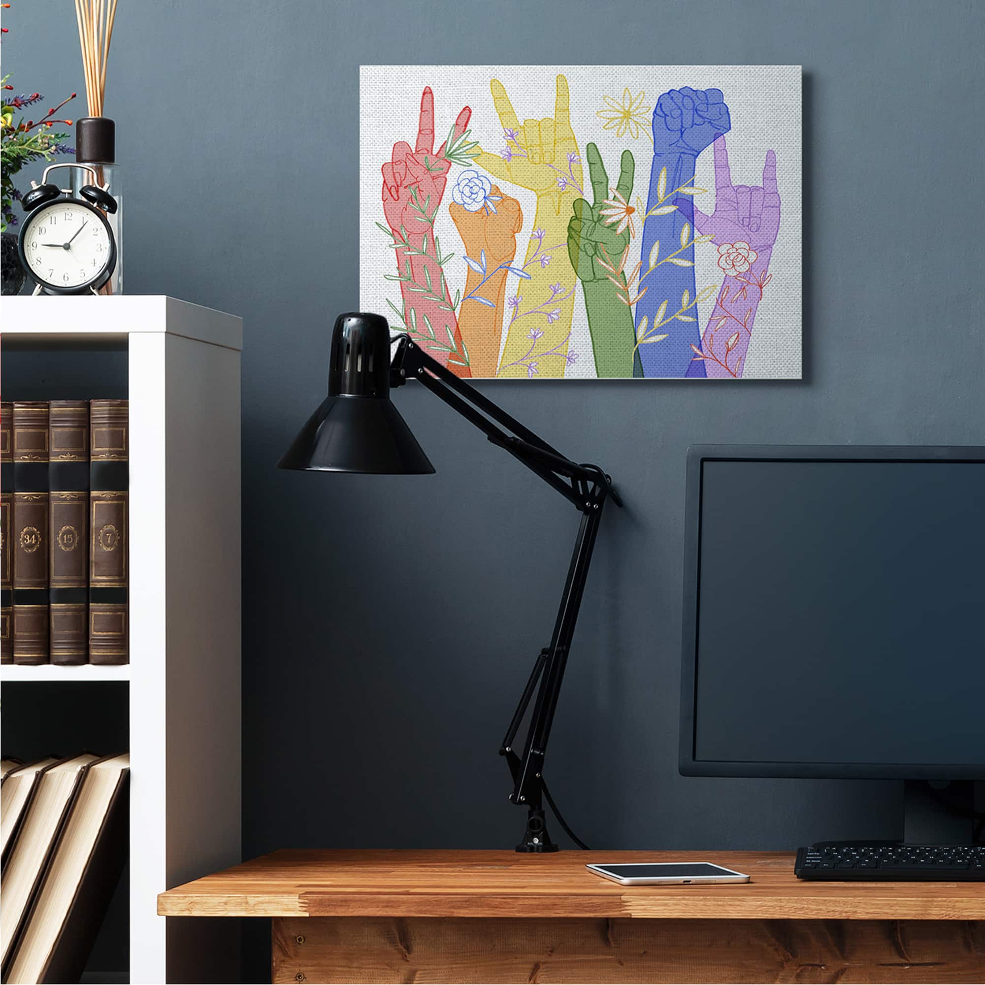 Stupell Industries Rainbow Peace Love Caring Hand Signs ASL Canvas Wall Art