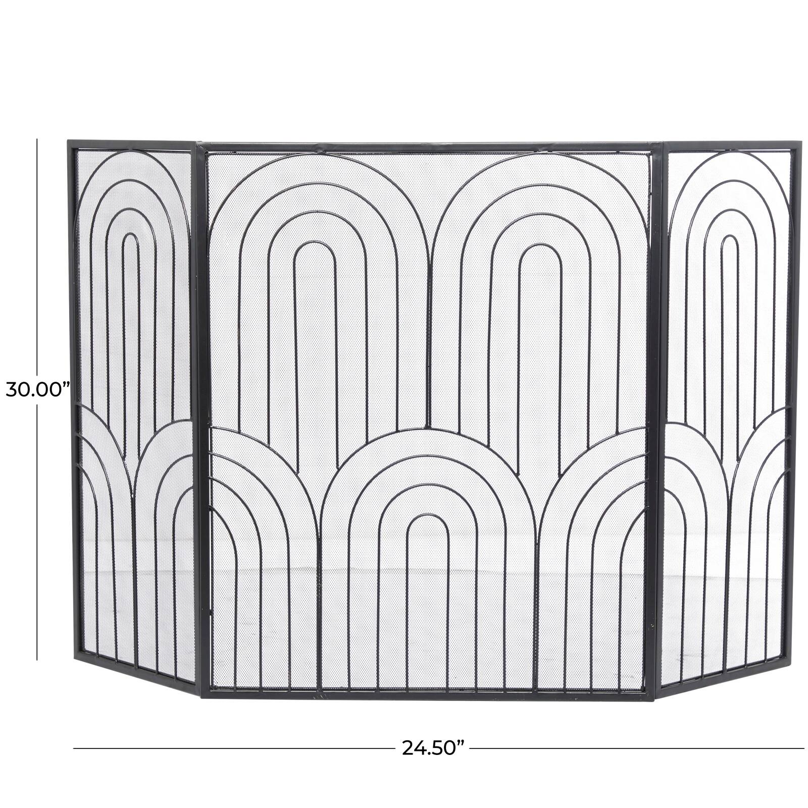 Black Metal Art Deco 3-Panel Fireplace Screen