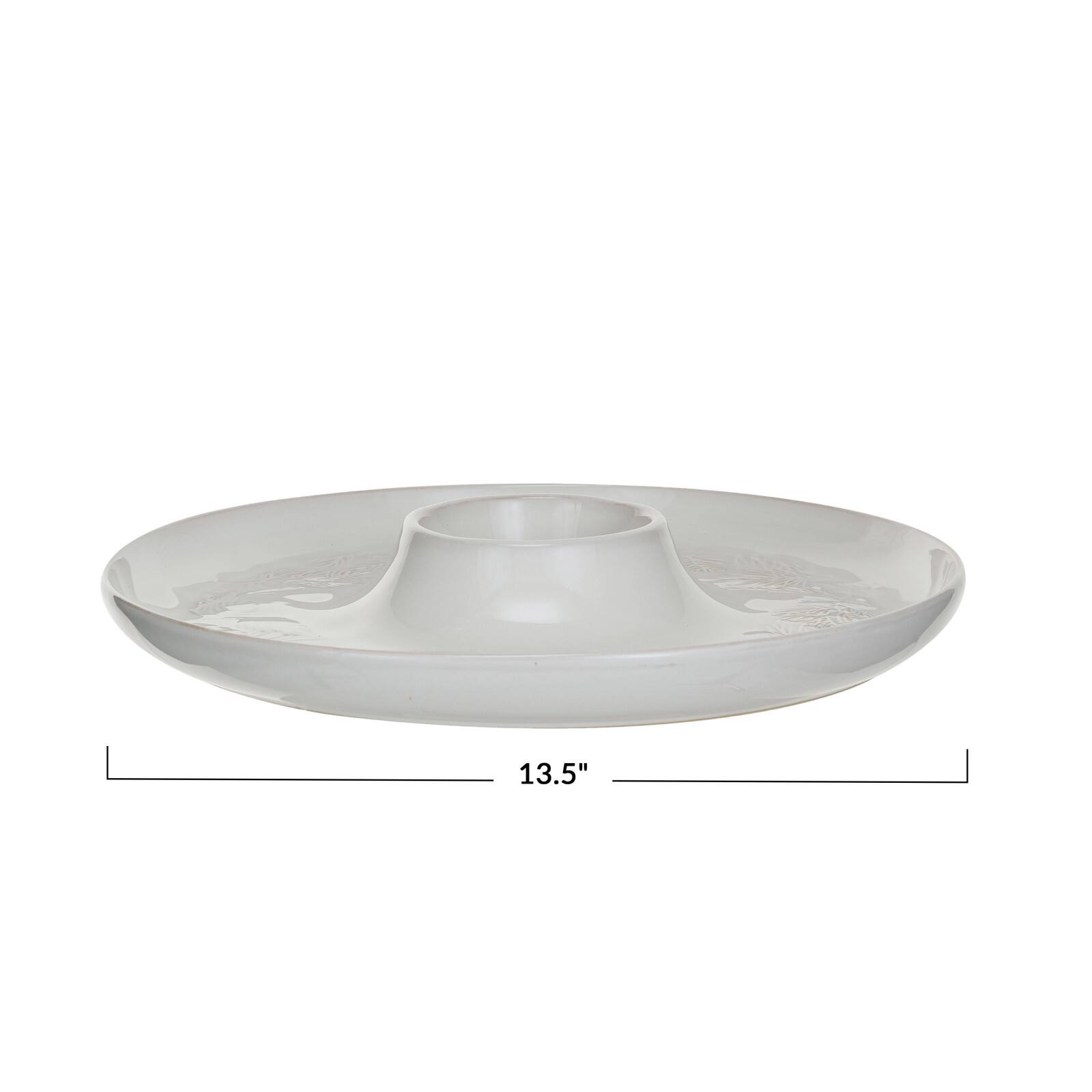 Hello Honey® 13.5" White Round Debossed Stoneware Chip & Dip with Pine Boughs in Reactive Glaze