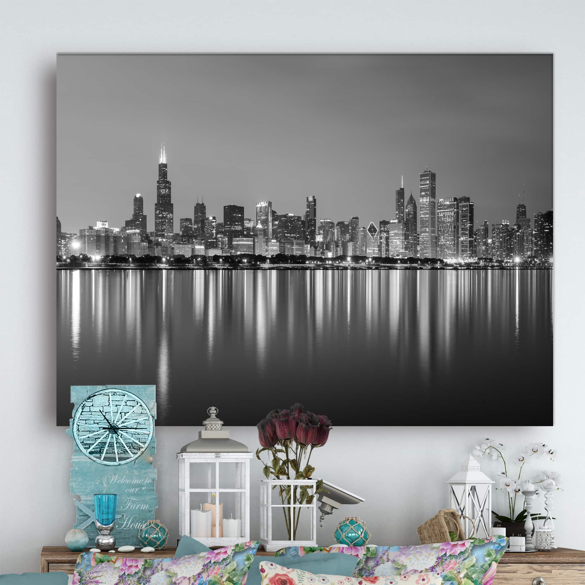 Designart - Chicago Skyline at Night Black and White - Cityscape Canvas Print
