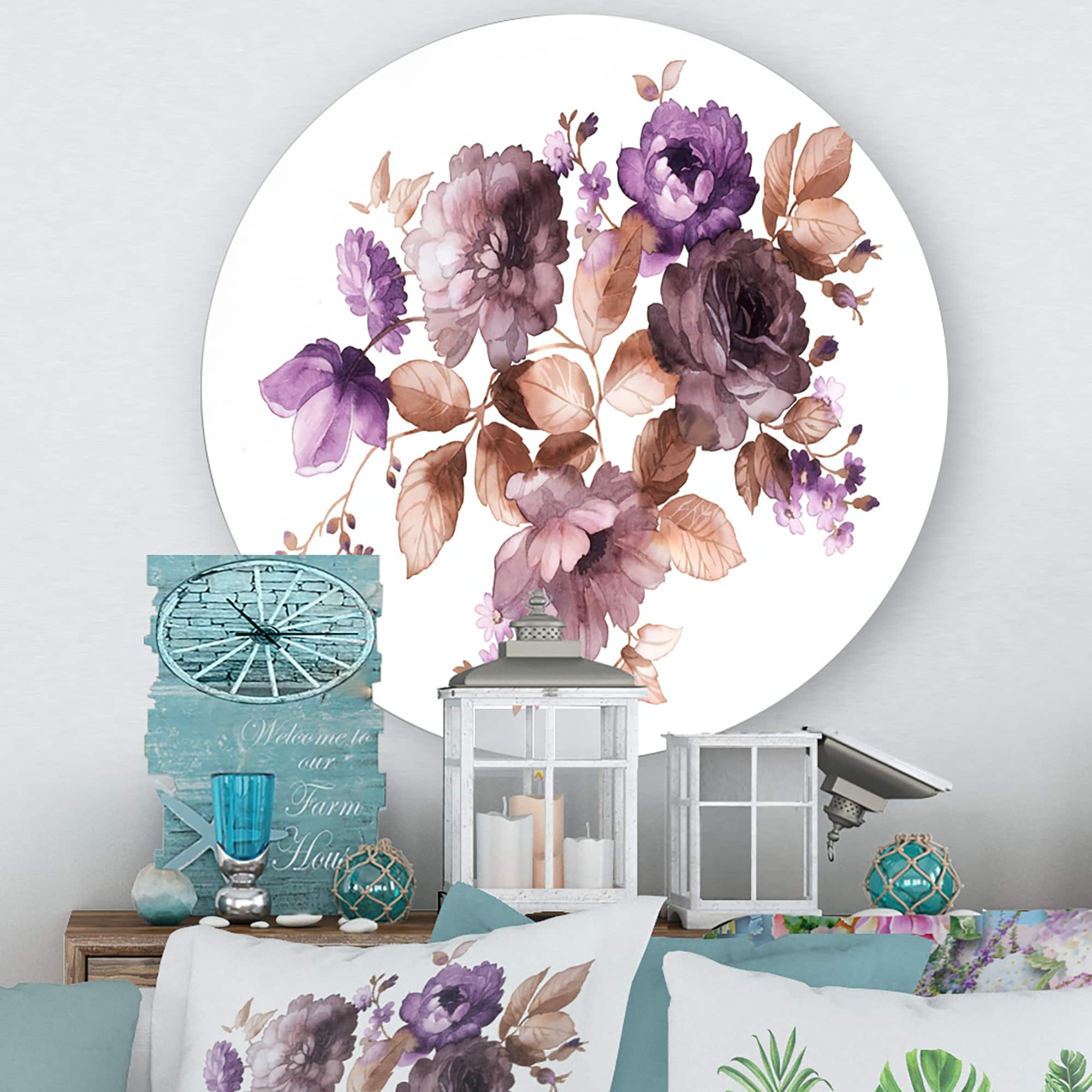 Designart - Purple Retro Flowers With Brown Leaves