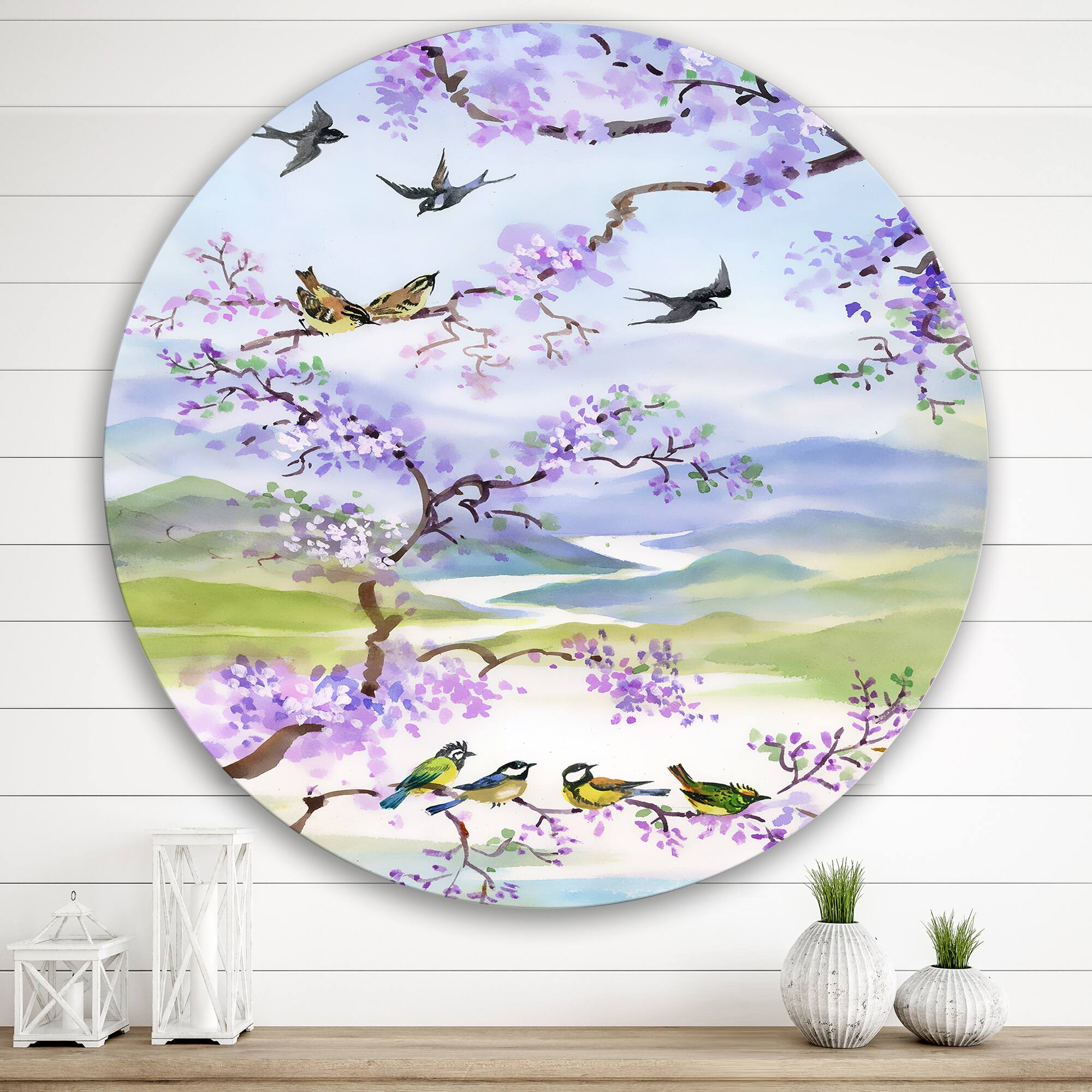 Designart - Birds On Cherry Branch - Traditional Metal Circle Wall Art