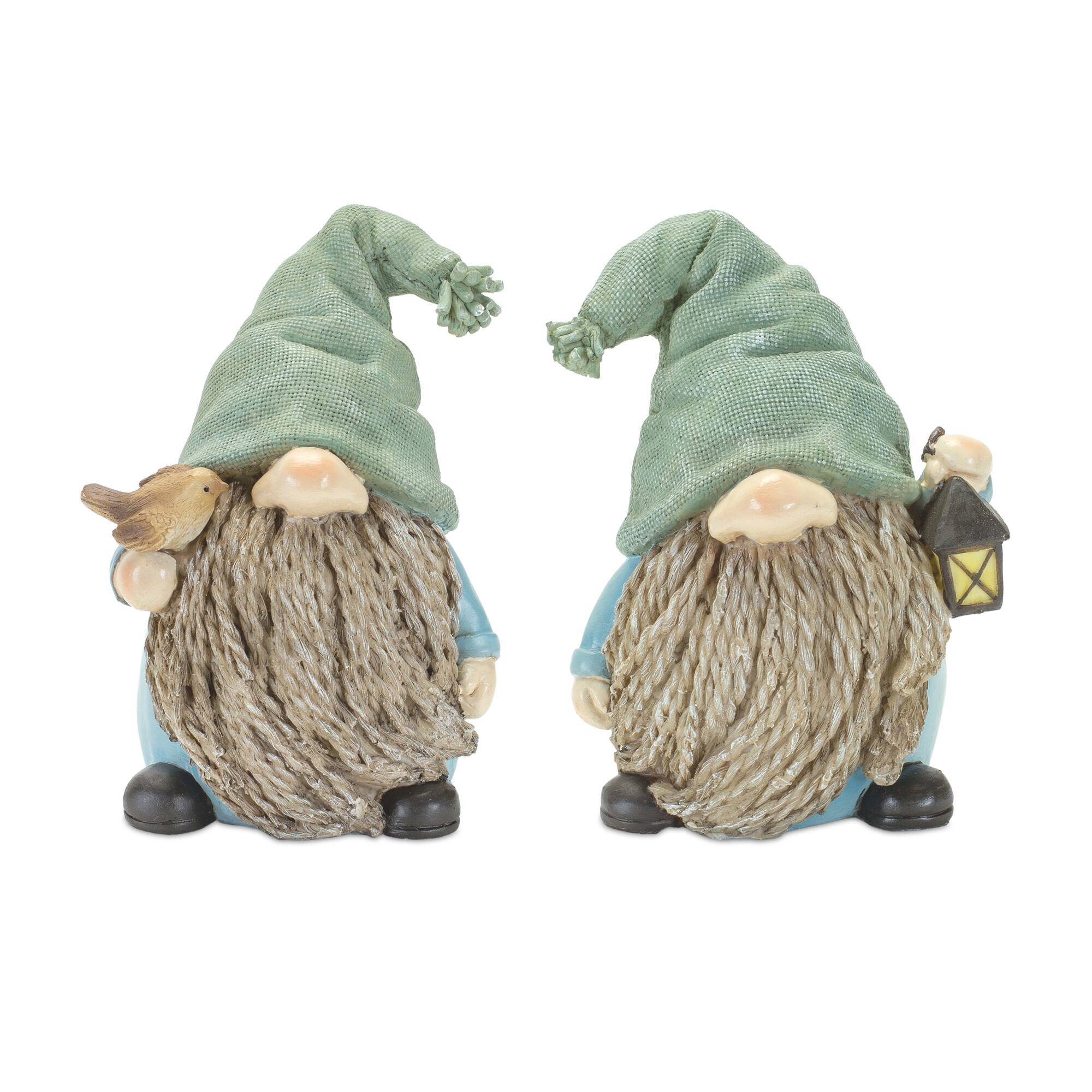 6.25" Faux Stone Garden Gnomes with Bird & Lantern Figurines Set